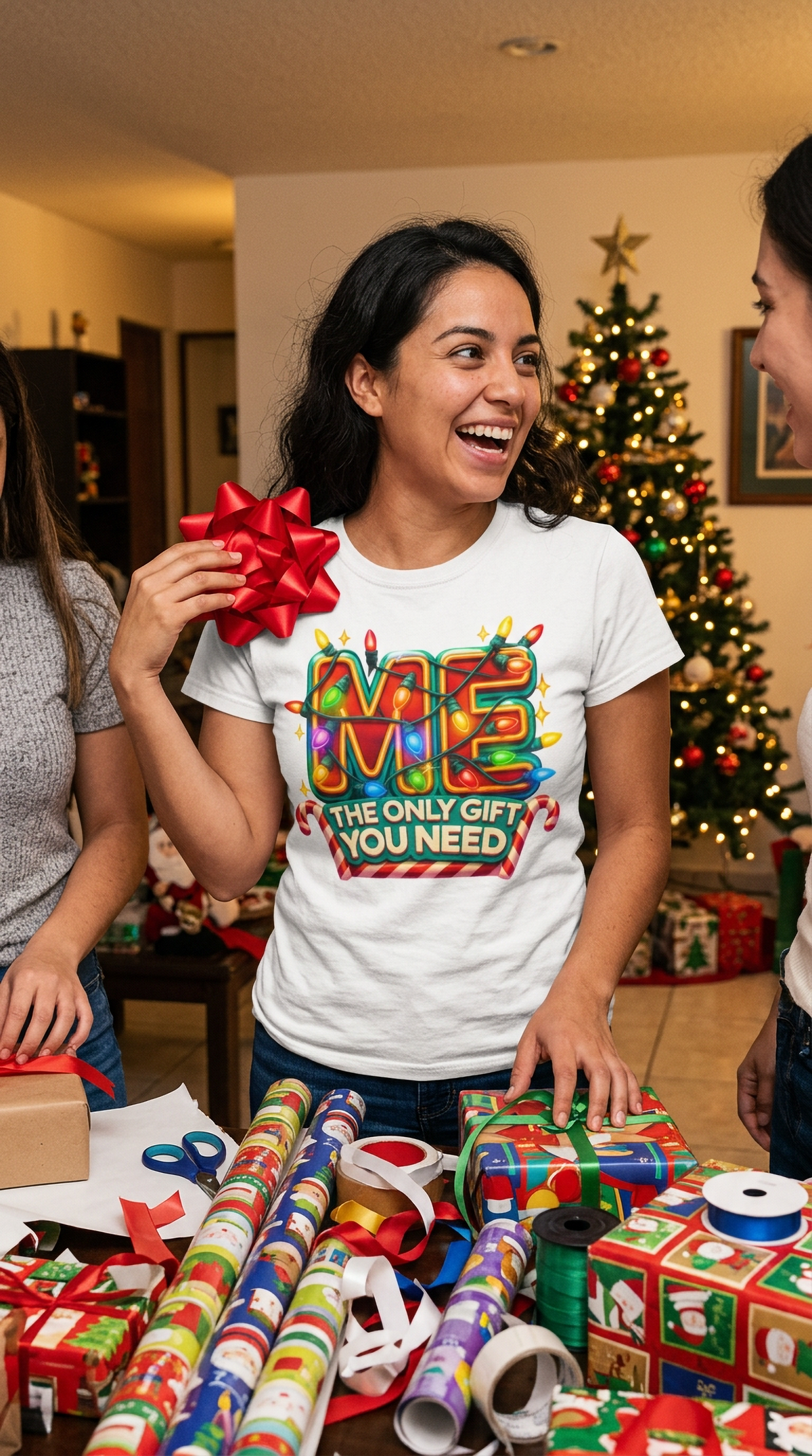 Lifestyle – White: Man wearing a white funny Christmas graphic t-shirt with colorful holiday lettering at a festive Christmas celebration.