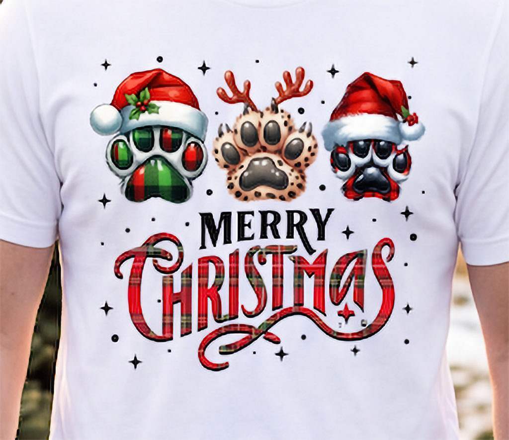 Close-up of white Merry Christmas dog paw print shirt with Santa hats, reindeer antlers and plaid holiday details.