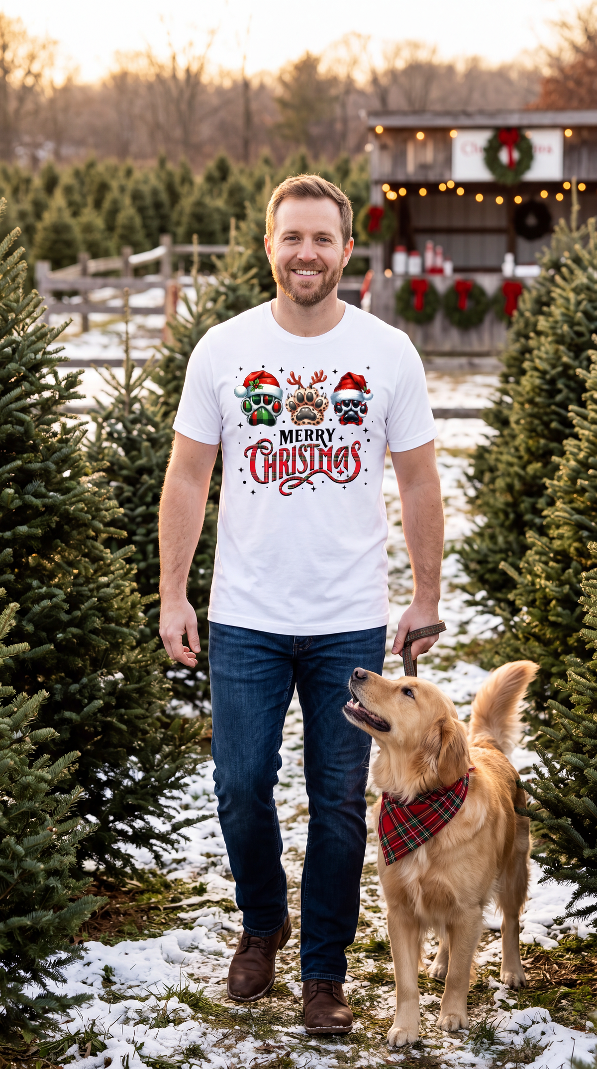 Man wearing white Merry Christmas dog paw print T-shirt outdoors with her dog during the holiday season.