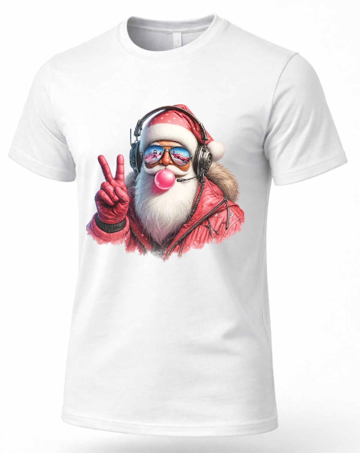 White Shirt Mockup: White unisex Christmas graphic t-shirt featuring Santa Claus wearing a red winter jacket, sunglasses, and headphones while flashing a peace sign.