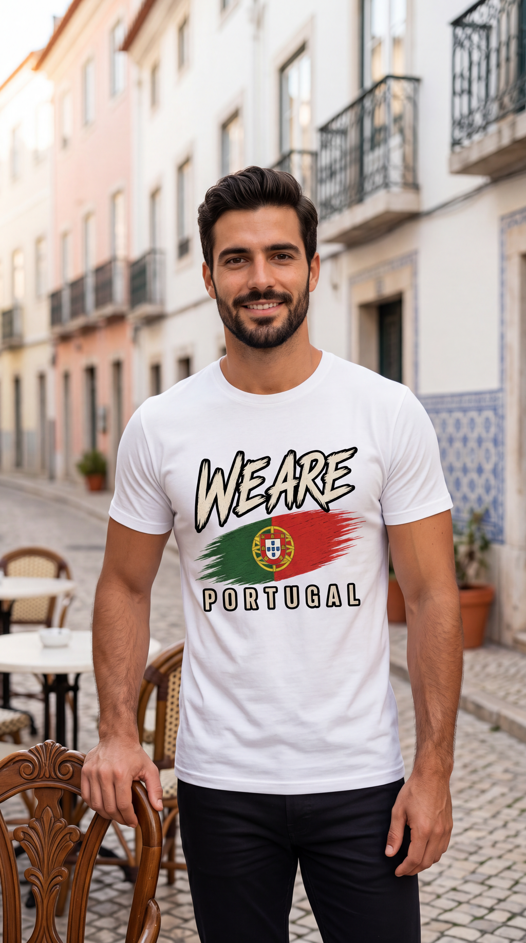 A man wearing a white graphic t-shirt with 'WE ARE PORTUGAL' and the Portuguese flag design, standing in a European street setting.