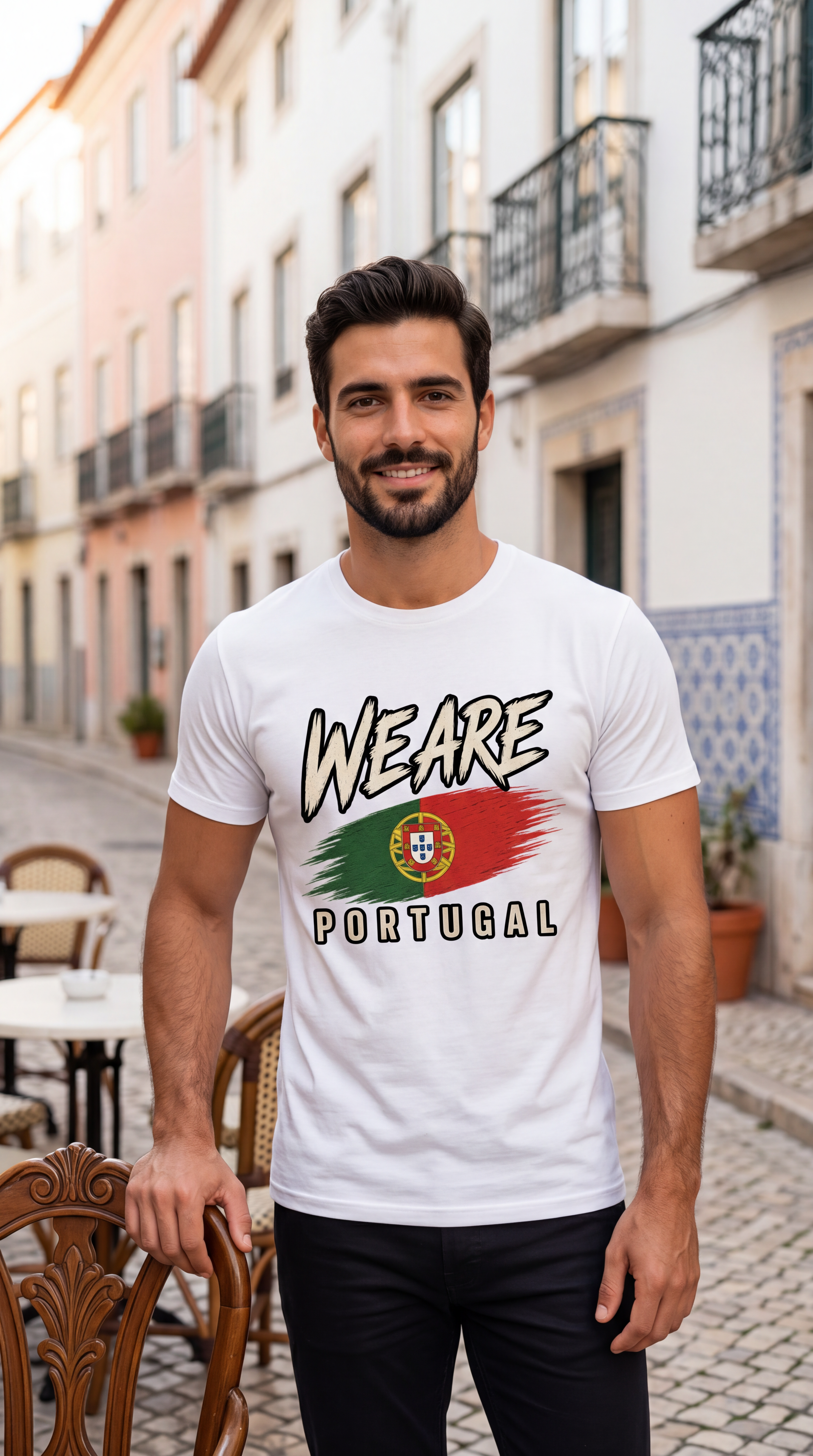 A man wearing a white graphic t-shirt with 'WE ARE PORTUGAL' and the Portuguese flag design, standing in a European street setting.