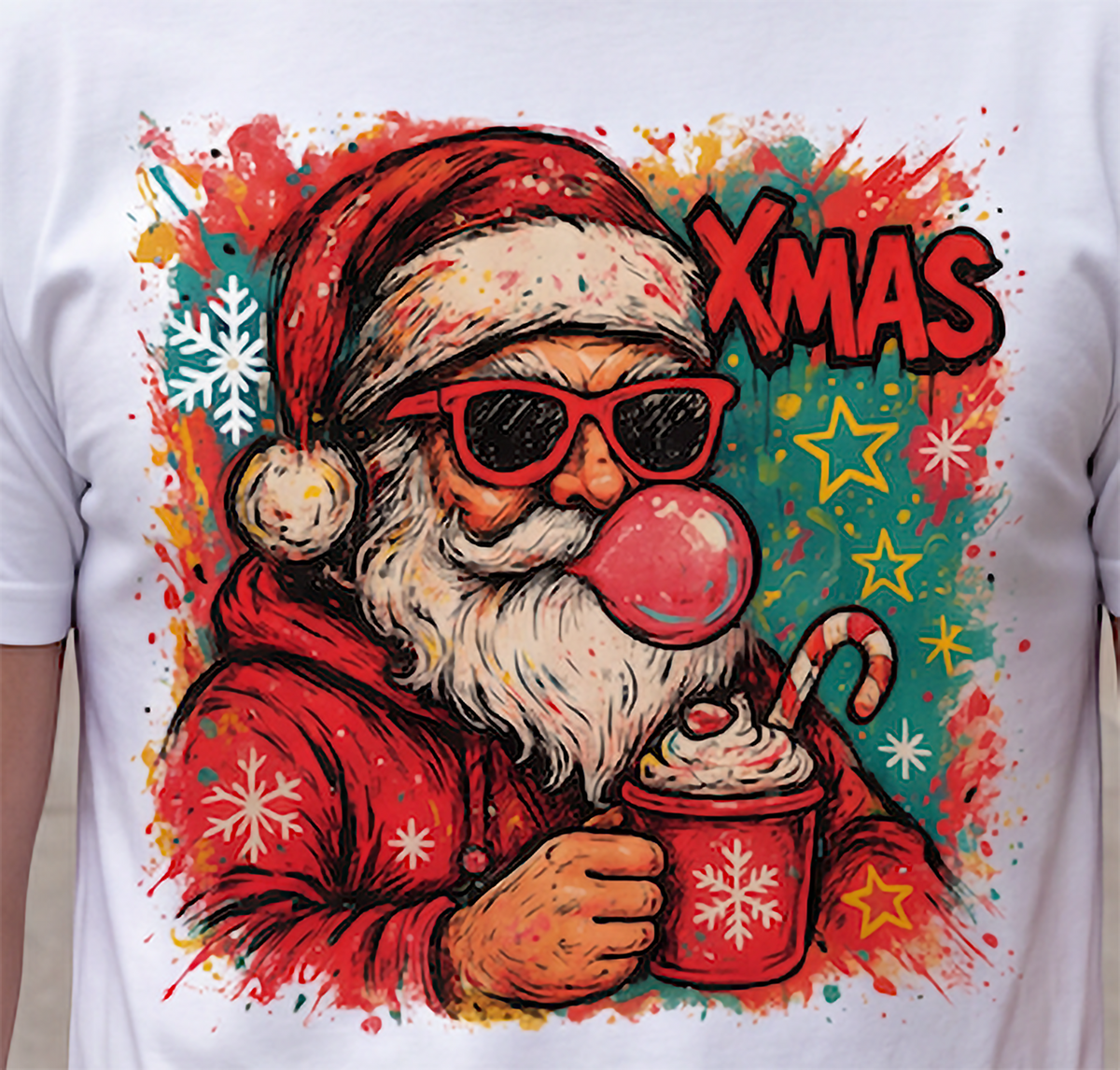 Close-up of colorful Bubblegum Santa Christmas graphic printed on black shirt.