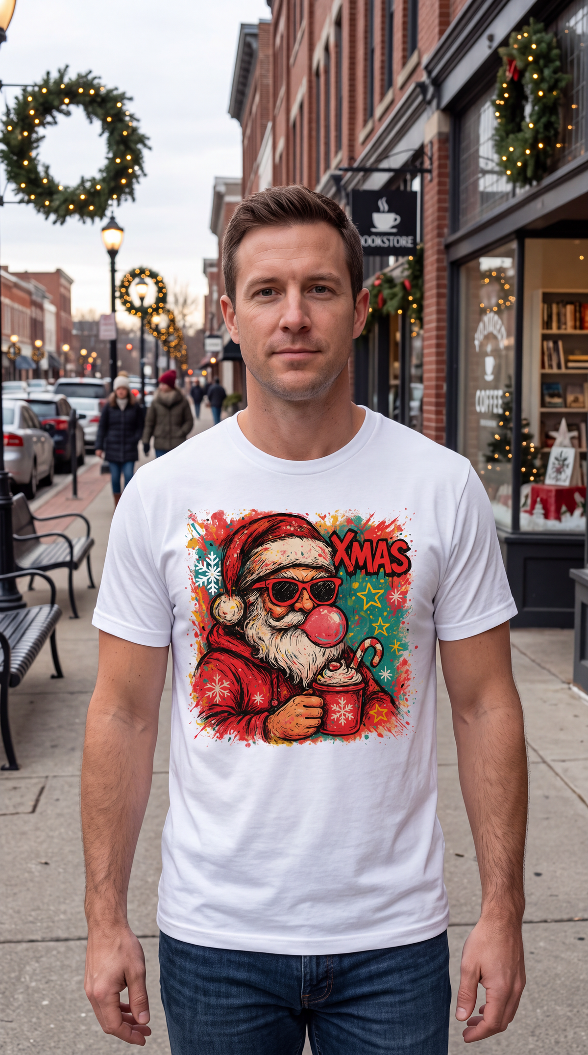Man wearing white Retro Bubblegum Santa Christmas graphic T-shirt.