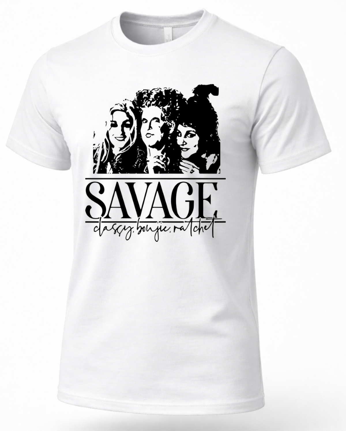 White Savage Hocus Pocus shirt with Sanderson Sisters-inspired graphic
