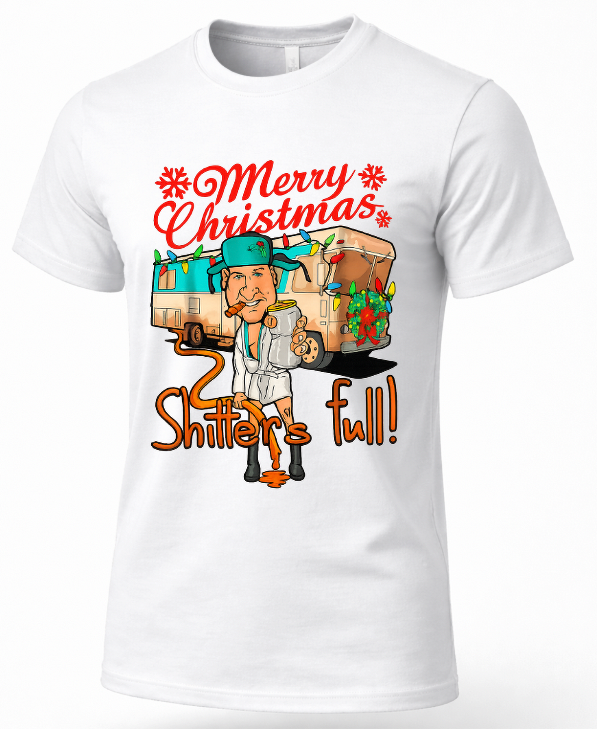 White Shirt Mockup: White unisex Merry Christmas Shitter's Full t-shirt featuring a colorful Christmas camper illustration and funny holiday saying.