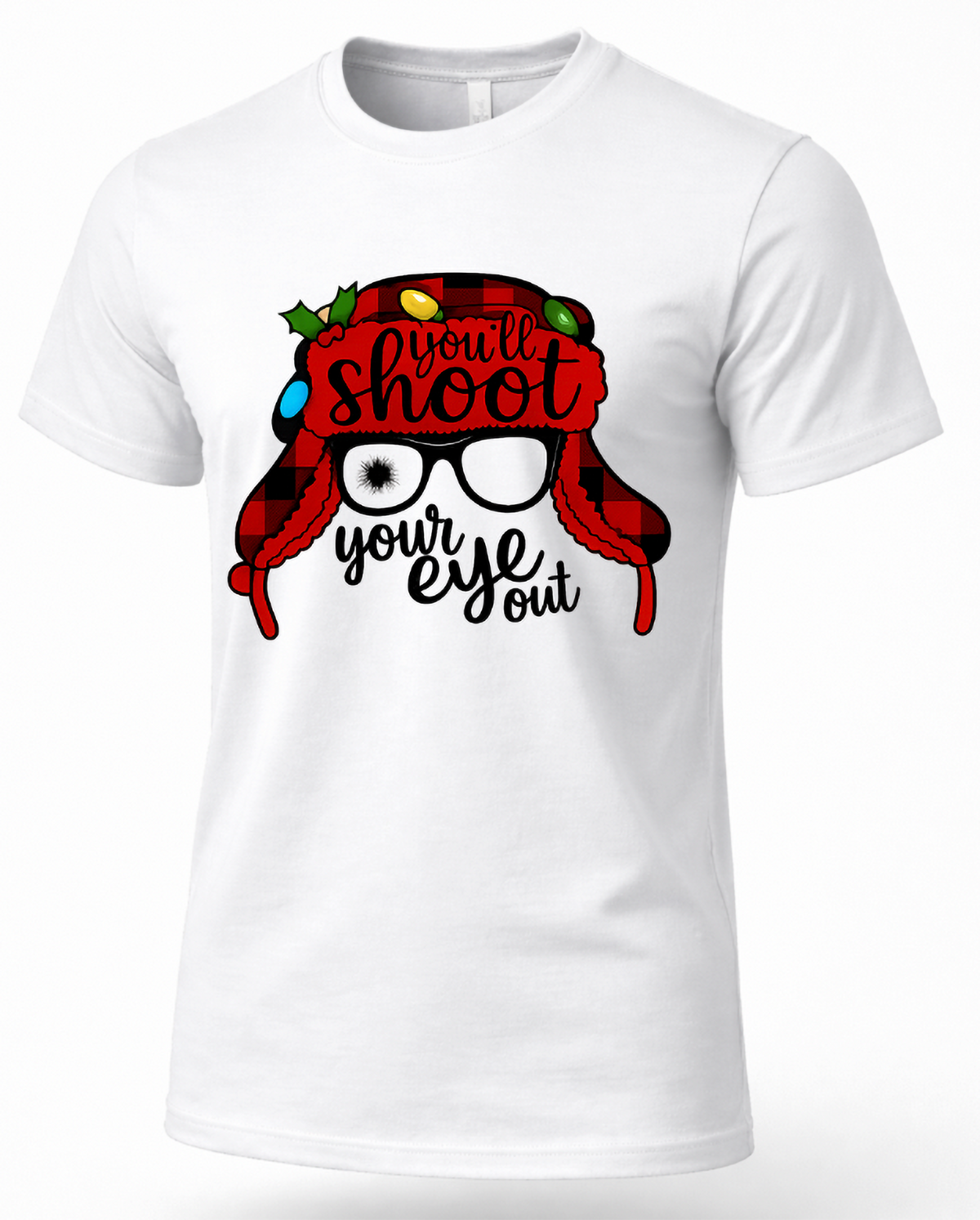 White funny Christmas shirt featuring red plaid winter hat, white sunglasses and nostalgic holiday movie saying