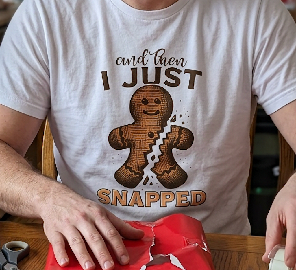 White Close-Up: Close-up of the vintage-inspired gingerbread cookie illustration printed on a white Christmas t-shirt.