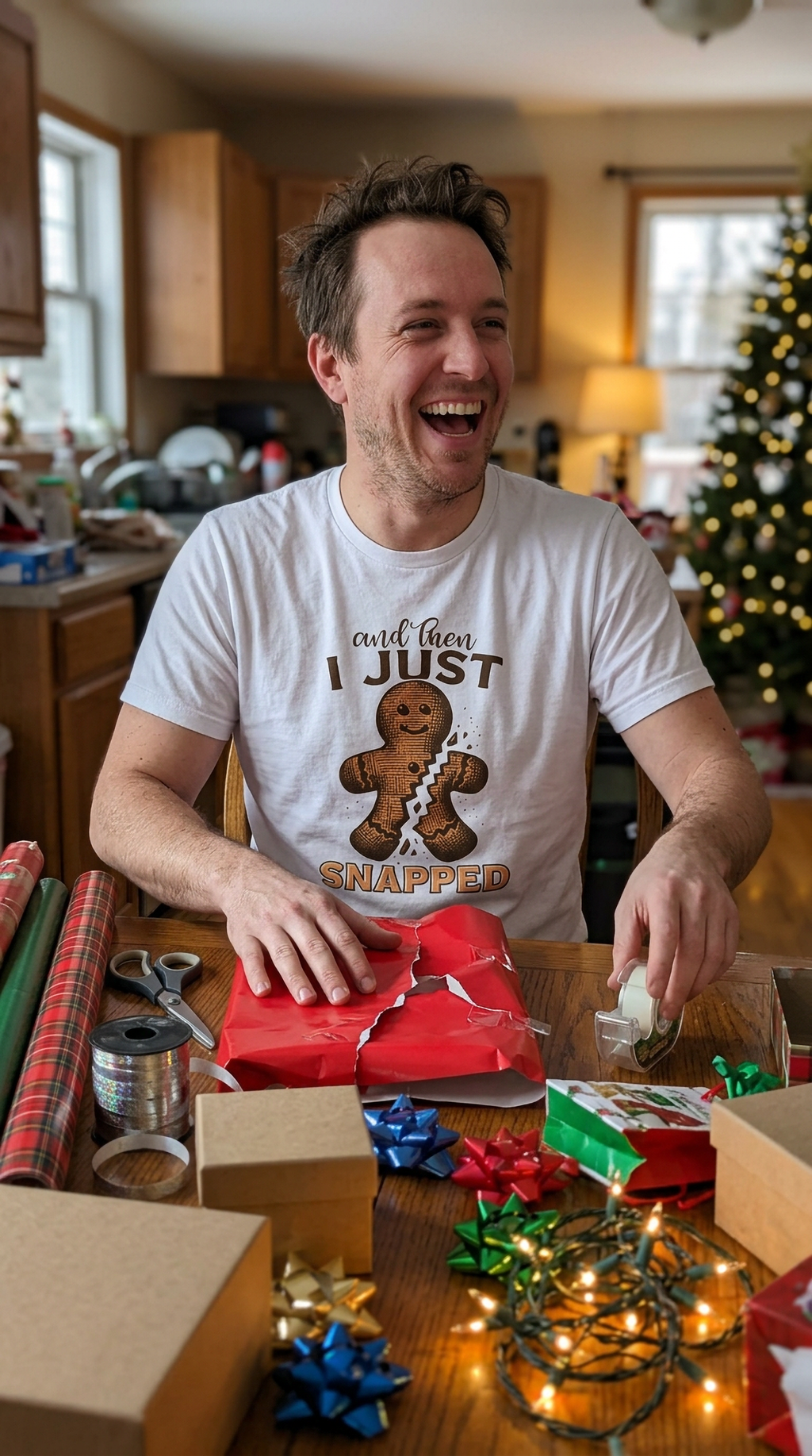 White Lifestyle: Person wearing a white funny gingerbread Christmas shirt during holiday baking activities.