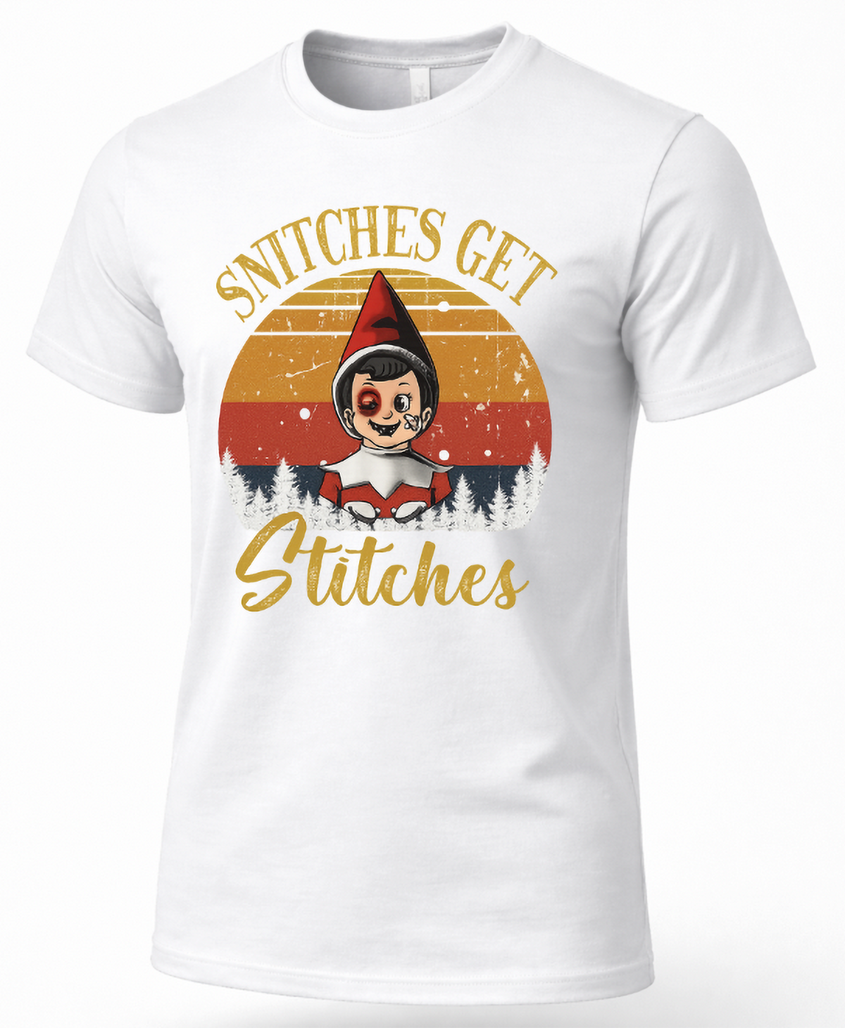 White unisex Snitches Get Stitches Christmas t-shirt featuring a mischievous elf and vintage retro sunset graphic.