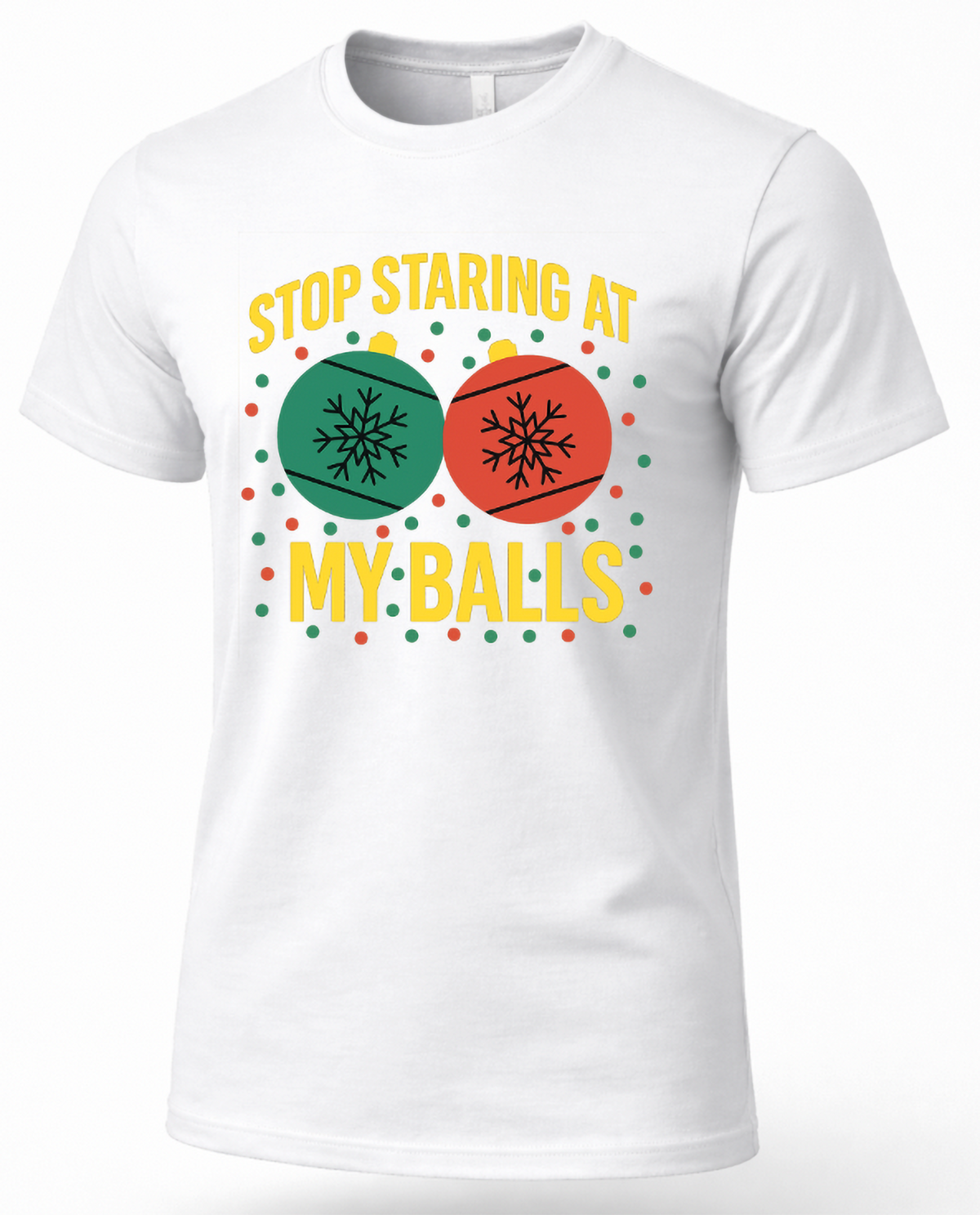 White funny Christmas t-shirt featuring colorful ornament graphics and sarcastic Stop Staring at My Balls saying.
