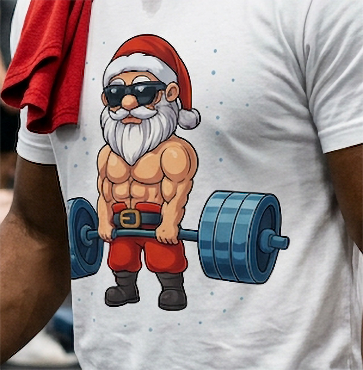 Close-up of a white Christmas gym t-shirt featuring muscular Santa lifting a barbell with festive holiday artwork.