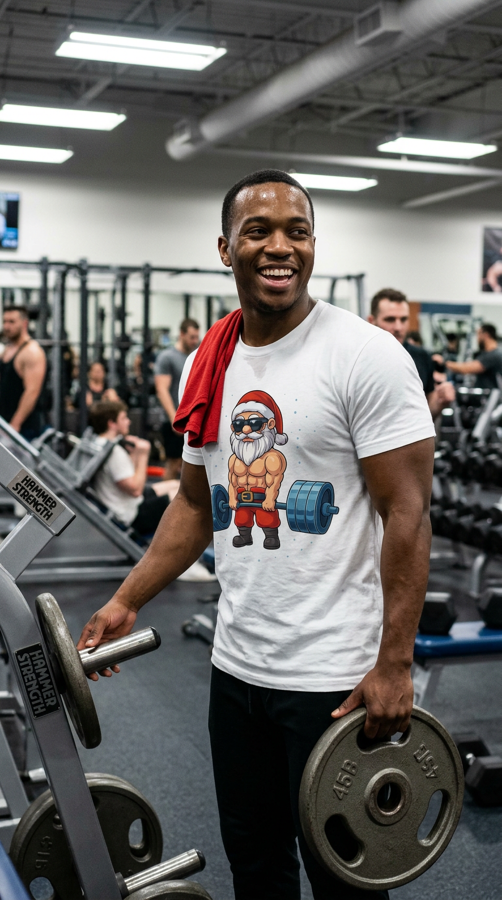 Man wearing a white Swole Santa Christmas gym t-shirt at a fitness center featuring a muscular Santa weightlifting design.