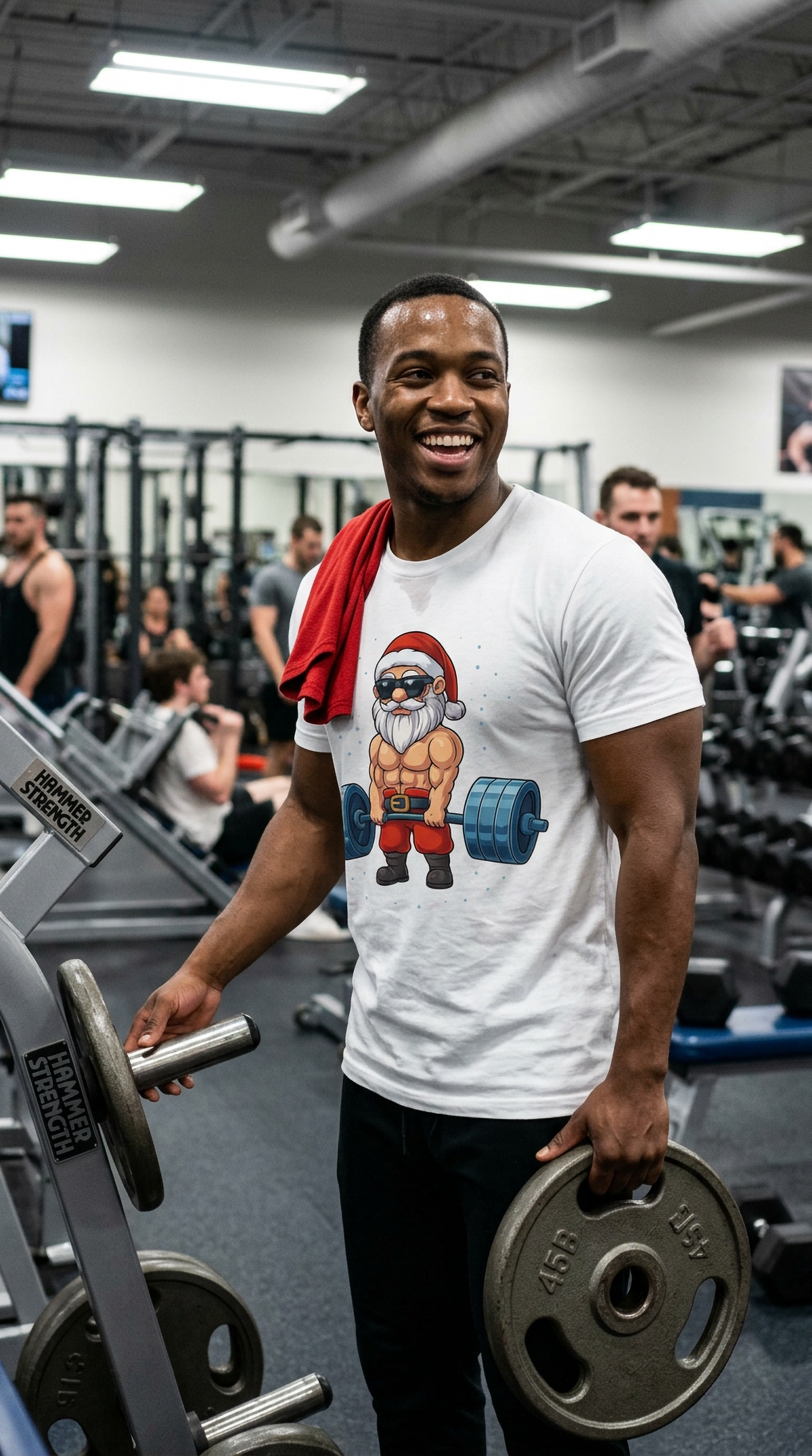 Man wearing a white Swole Santa Christmas gym t-shirt at a fitness center featuring a muscular Santa weightlifting design.
