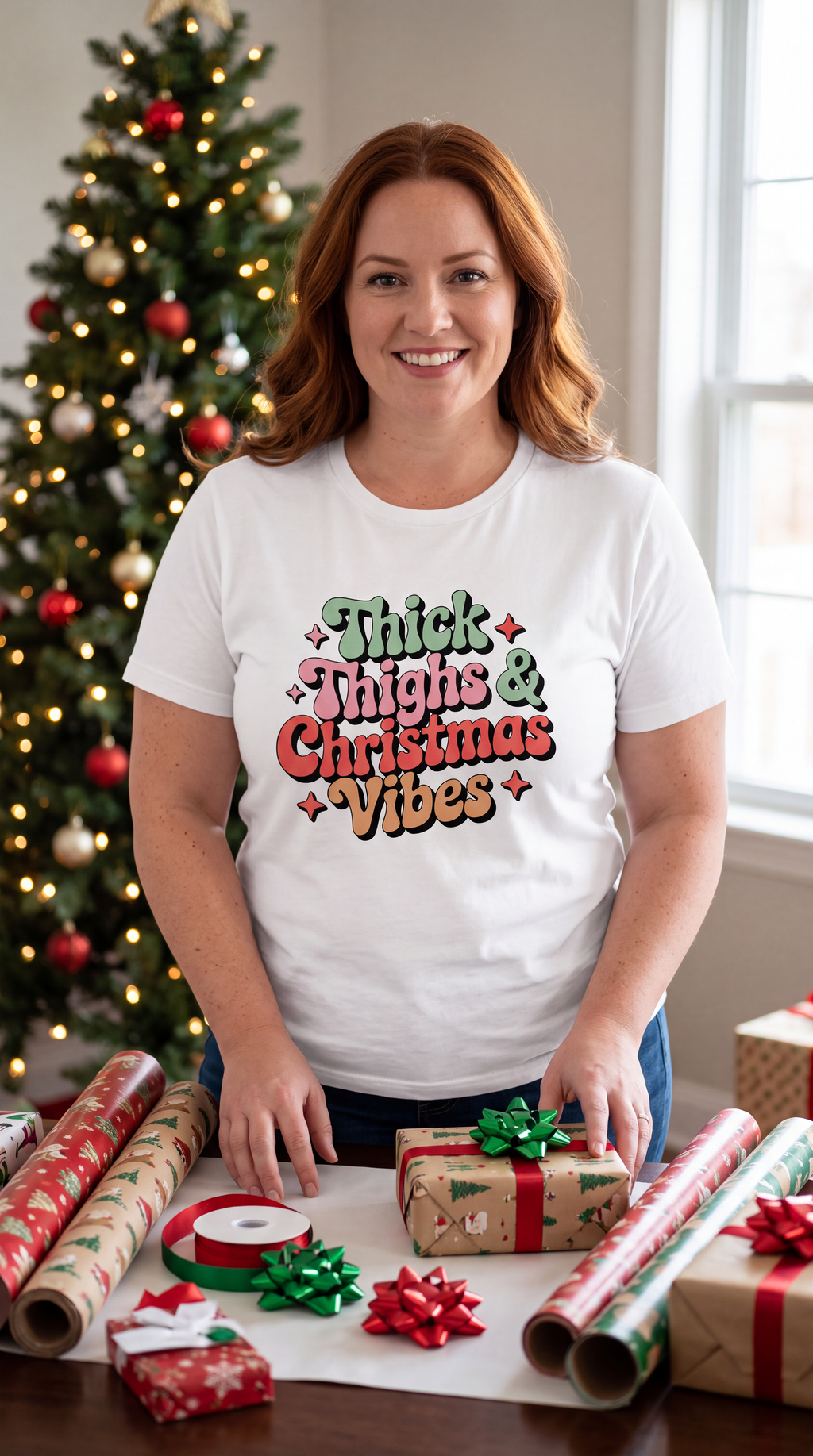 Woman wearing white Thick Thighs & Christmas Vibes Christmas shirt at a festive holiday gathering.