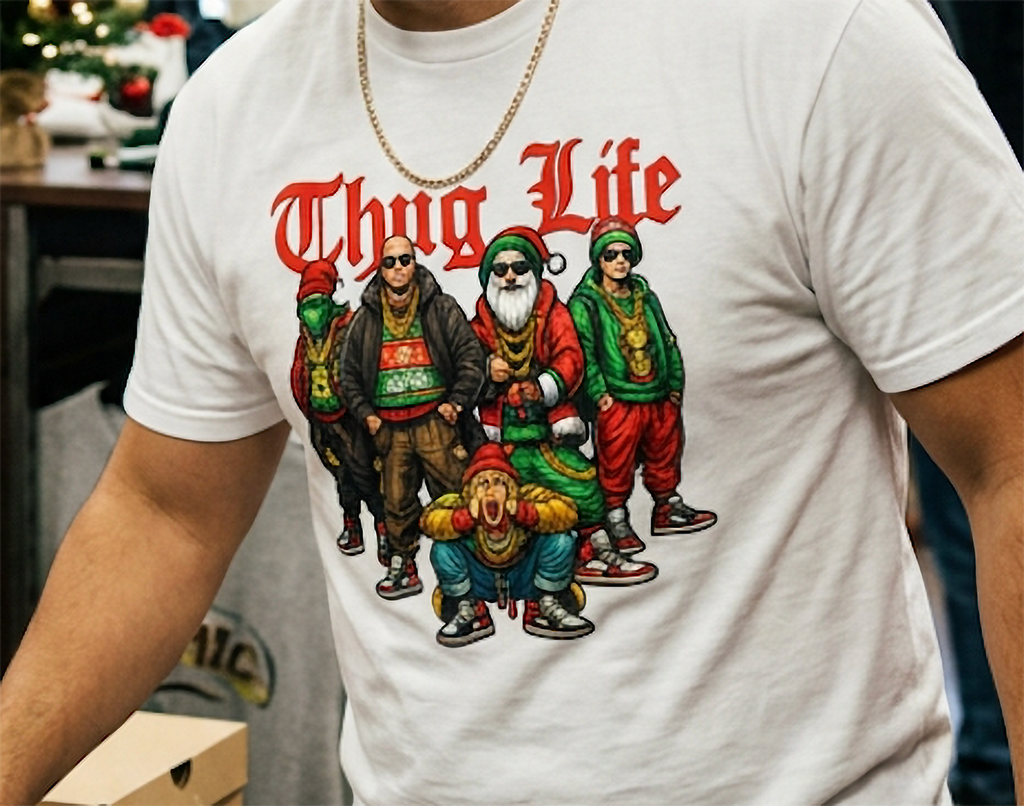 Close-up of white Thug Life Christmas shirt showing colorful hip hop holiday graphic and festive character details