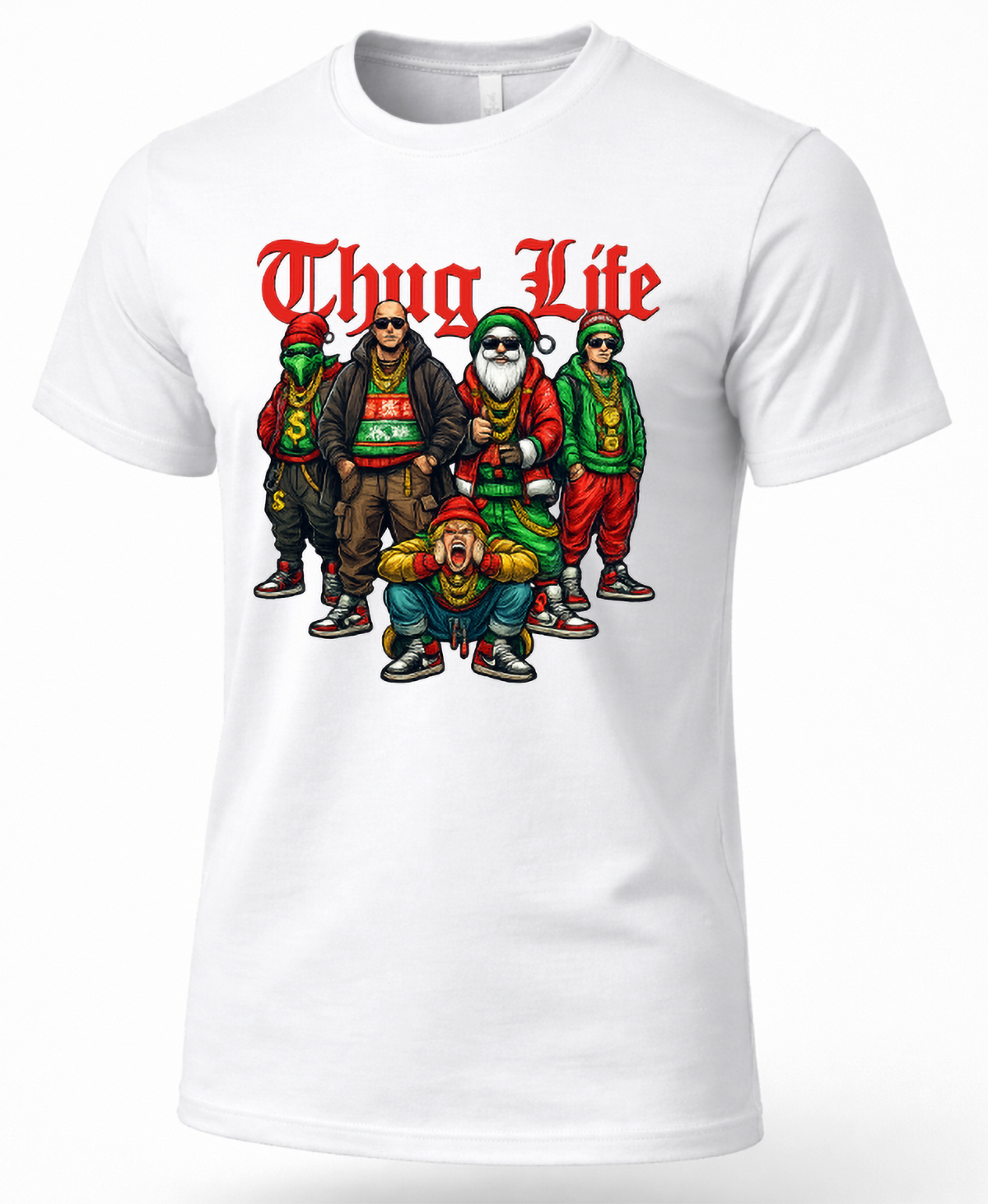 White Thug Life Christmas graphic t-shirt featuring festive streetwear characters in red and green outfits