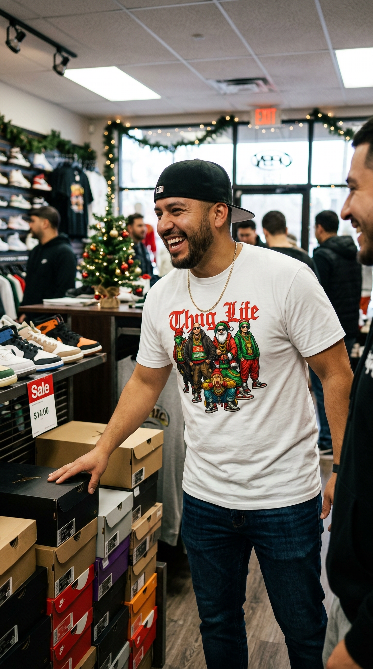 Man wearing white Thug Life Christmas graphic t-shirt while shopping in a store during the holiday season