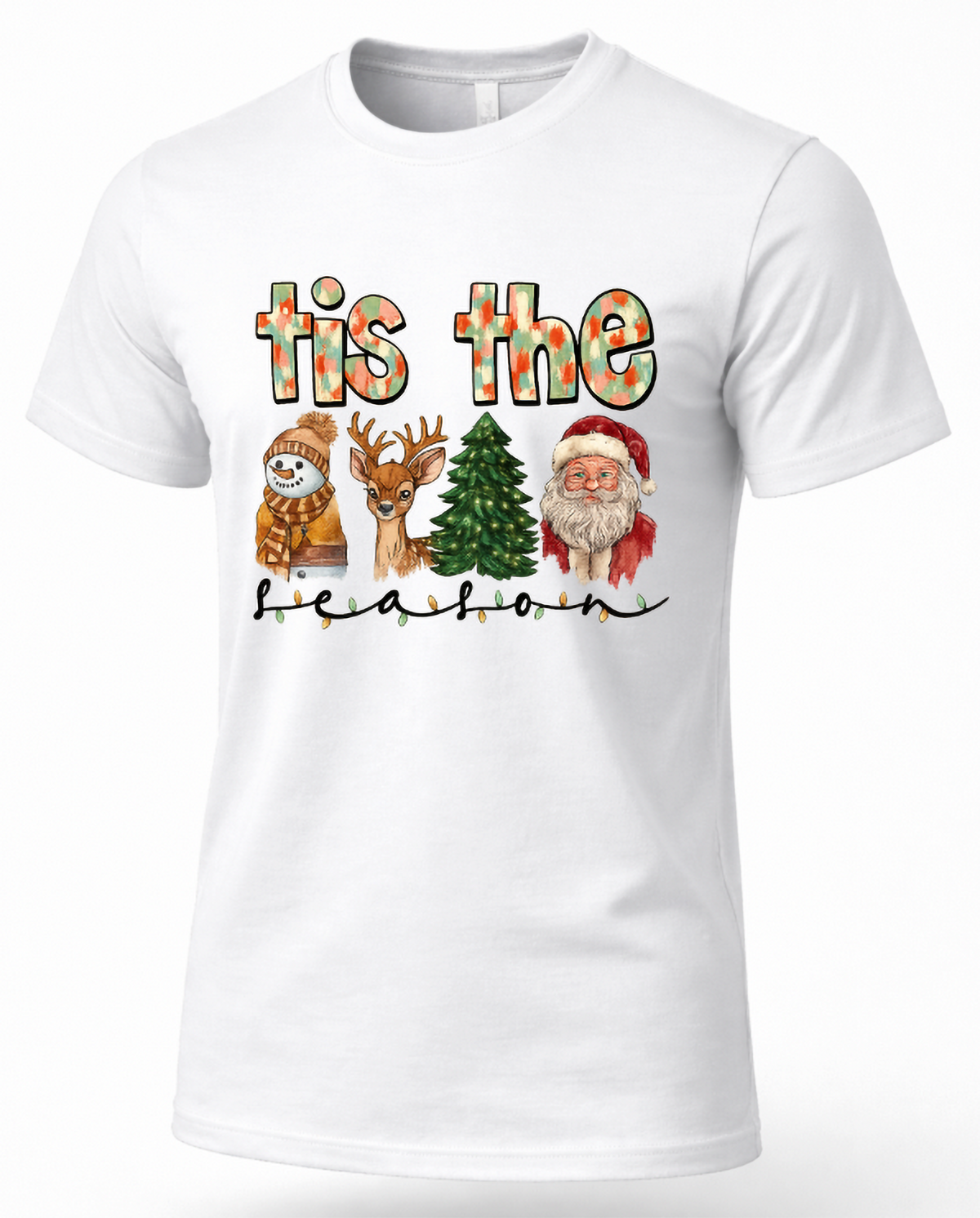 White unisex Christmas t-shirt featuring Tis the Season watercolor design with Santa Claus, reindeer, snowman, and Christmas tree.