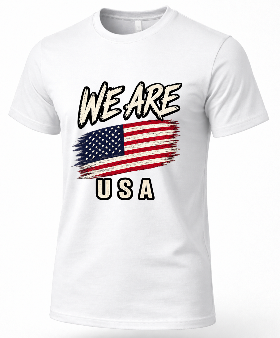 A white short-sleeve crewneck t-shirt featuring a distressed graphic print on the front with the text 'WE ARE' above a stylized American flag and 'USA' below.