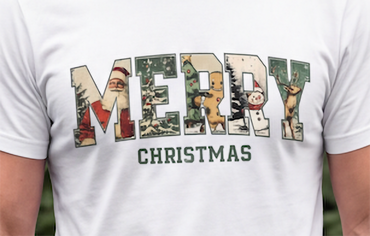 Close-up of white Vintage Merry Christmas shirt showing the retro holiday MERRY design.