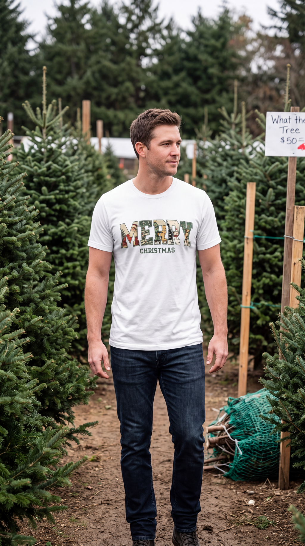 Man wearing a white Vintage Merry Christmas shirt outdoors at a Christmas tree market.