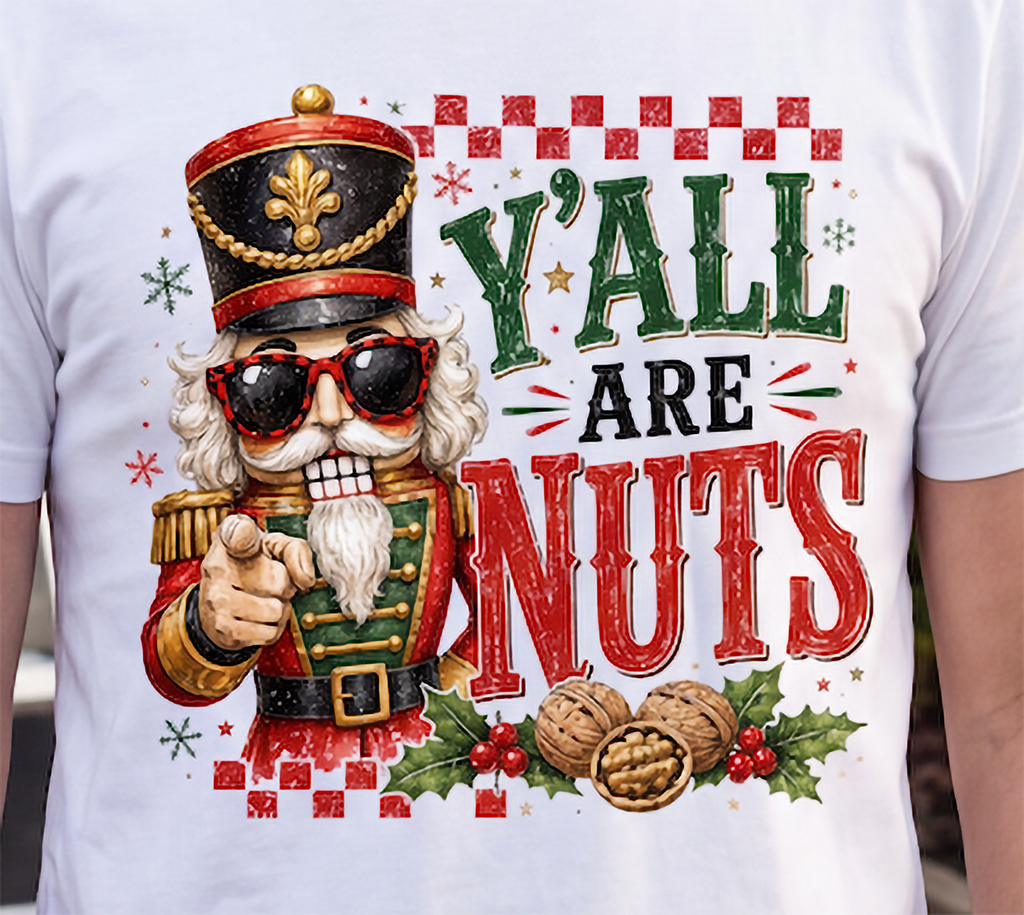 Close-up of white Y’all Are Nuts Christmas shirt with nutcracker, walnuts, holly and holiday typography.