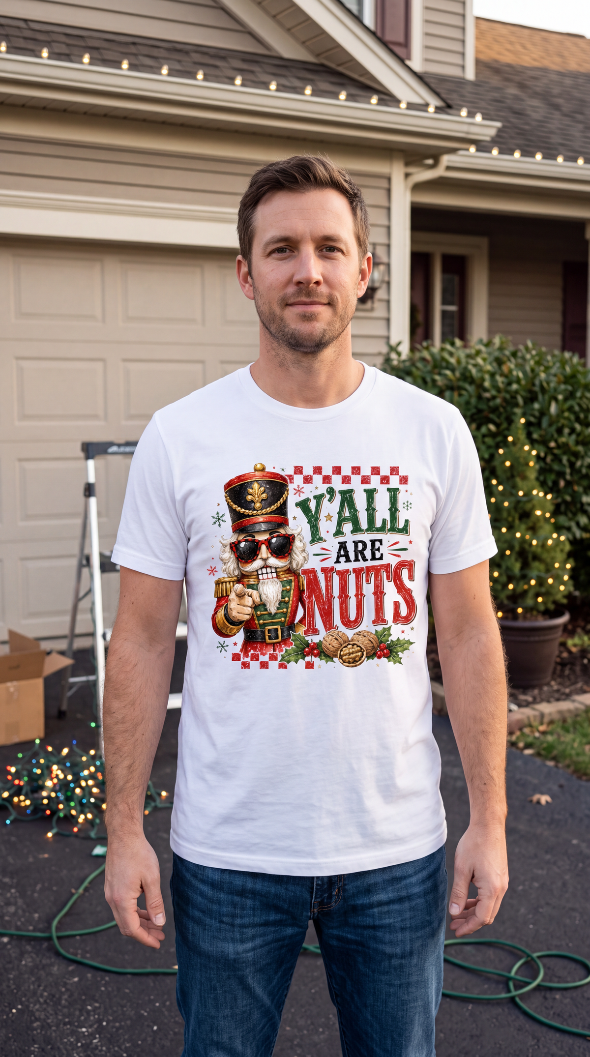 Man wearing white Y’all Are Nuts nutcracker Christmas shirt outdoors in a casual holiday setting