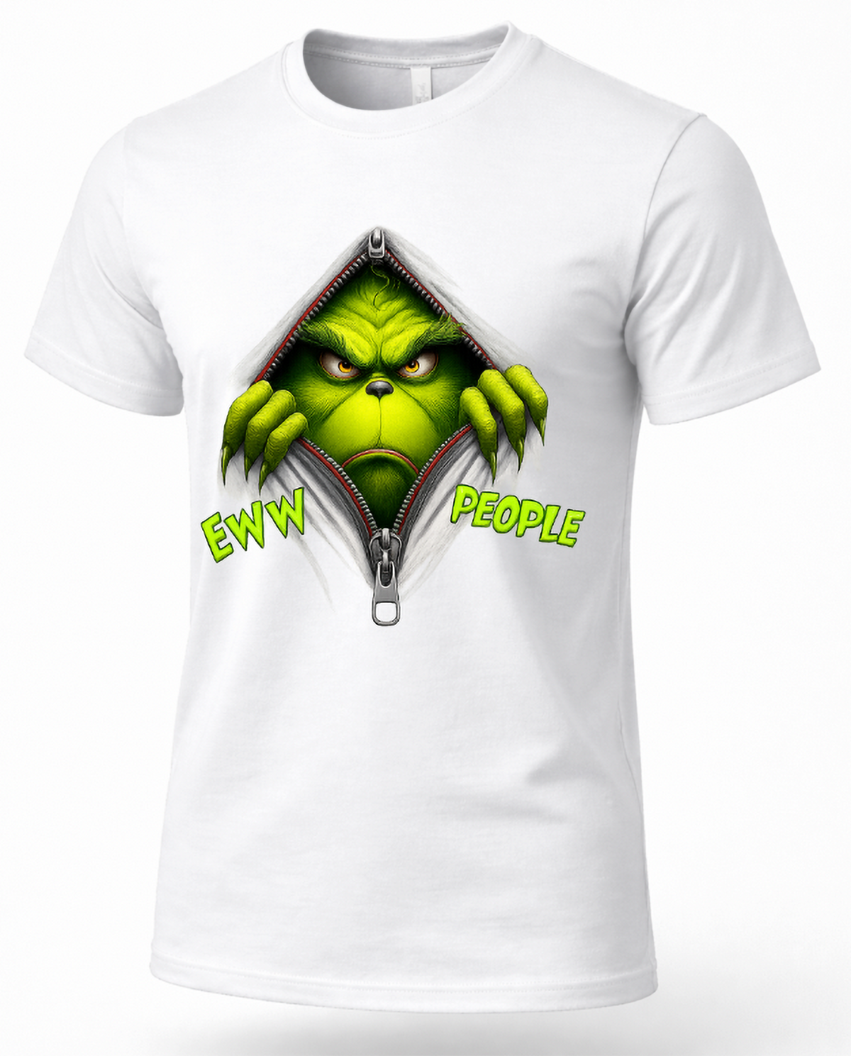 White Mockup: White unisex Christmas graphic t-shirt featuring a grumpy green character emerging from a zipper with Eww People lettering.
