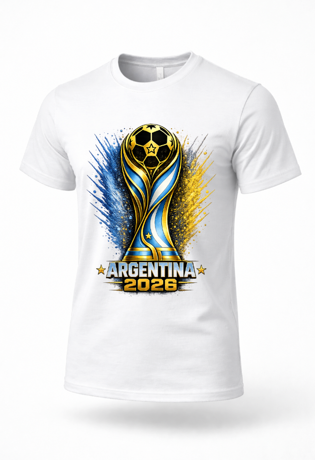 White Argentina 2026 football graphic T-shirt mockup featuring soccer-inspired streetwear design