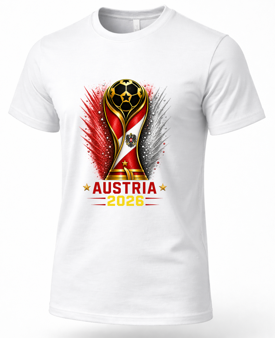 White t-shirt with a design of a trophy and 'Austria 2026' text on a white background
