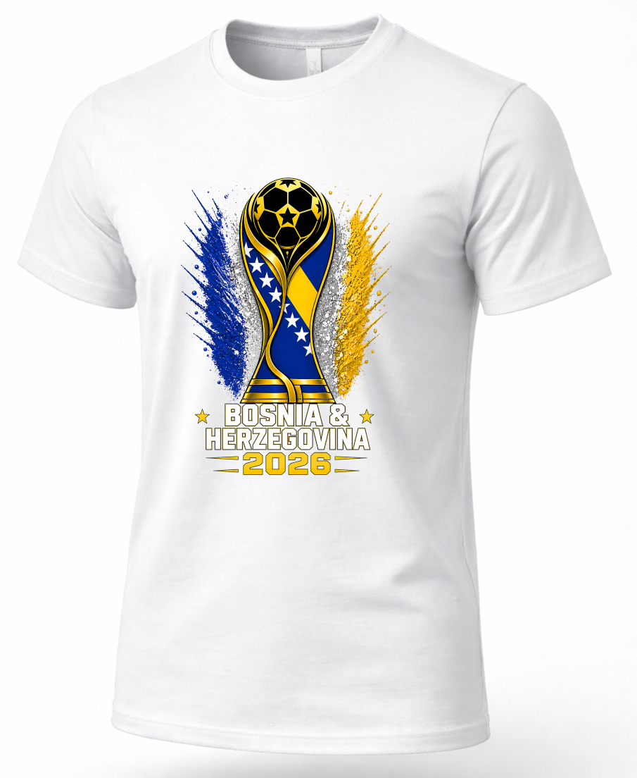 White t-shirt with a soccer trophy graphic and 'Bosnia & Herzegovina 2026' text on a white background