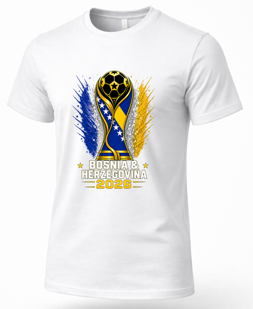 White t-shirt with a soccer trophy graphic and 'Bosnia & Herzegovina 2026' text on a white background