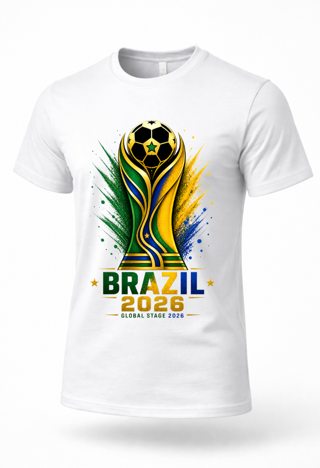 White Brazil 2026 soccer fan shirt featuring green yellow blue and gold football-inspired graphic design on premium streetwear tee