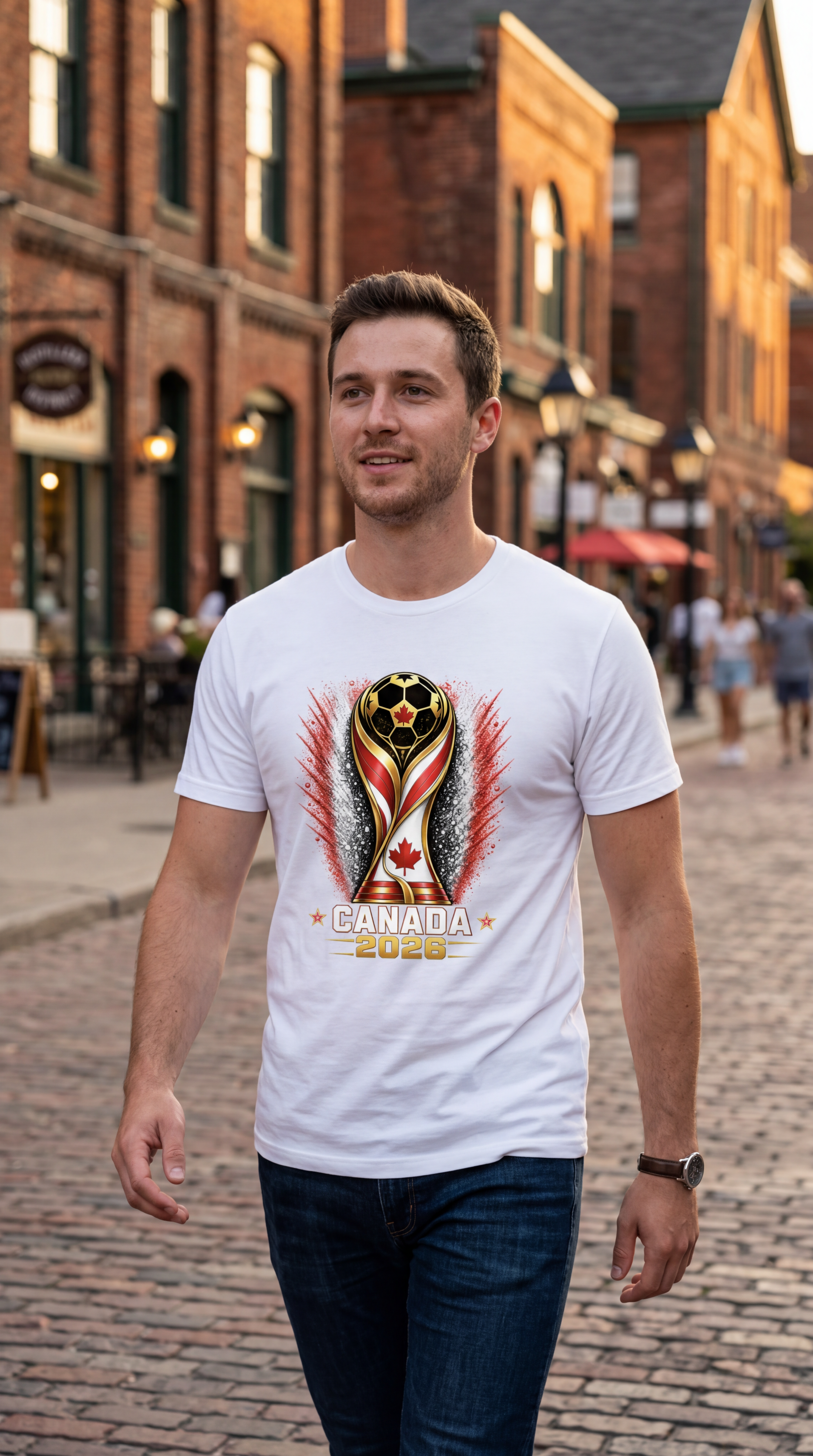White Canada soccer fan shirt worn in urban Canadian setting