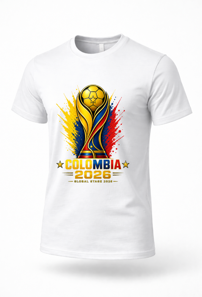 White Colombia 2026 football supporter shirt mockup with yellow blue and red graphic design