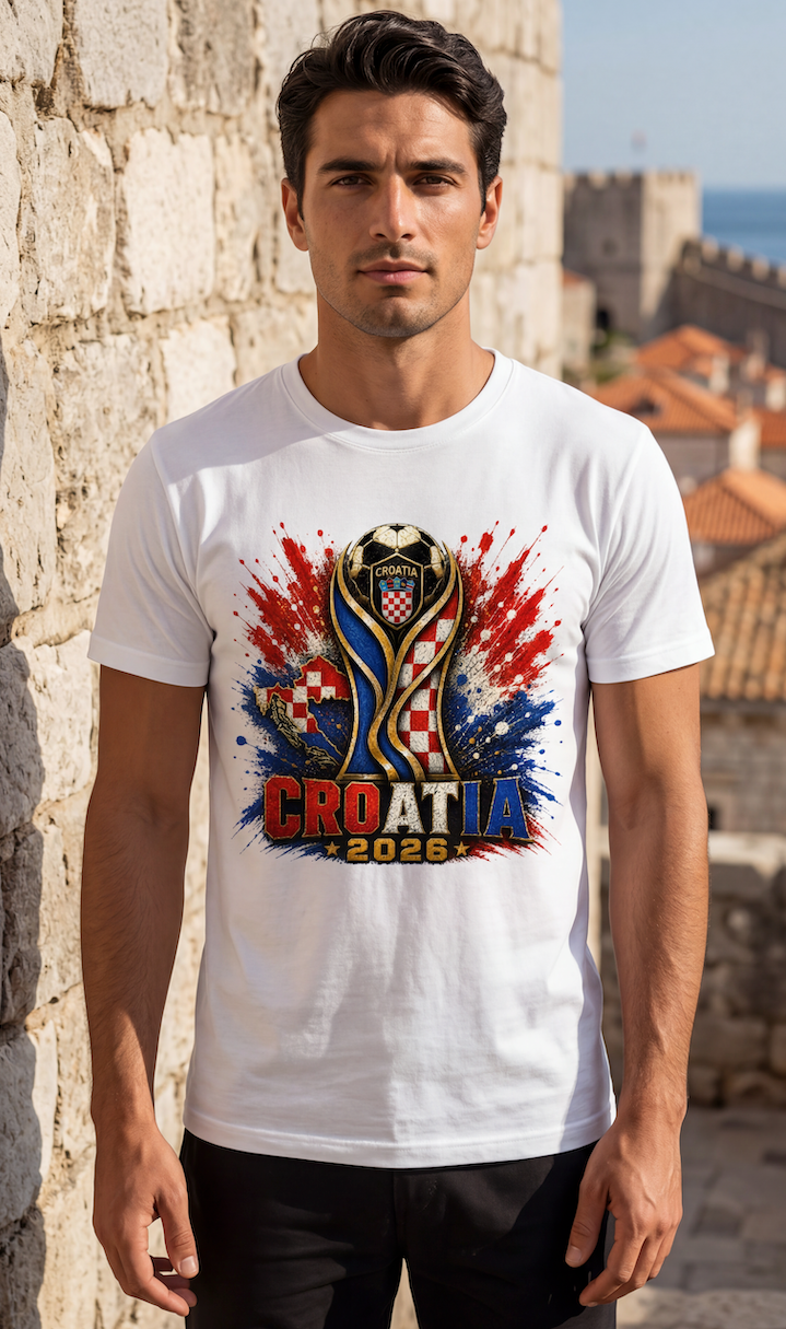White Croatia football fan shirt worn by male model in historic Dubrovnik Croatia