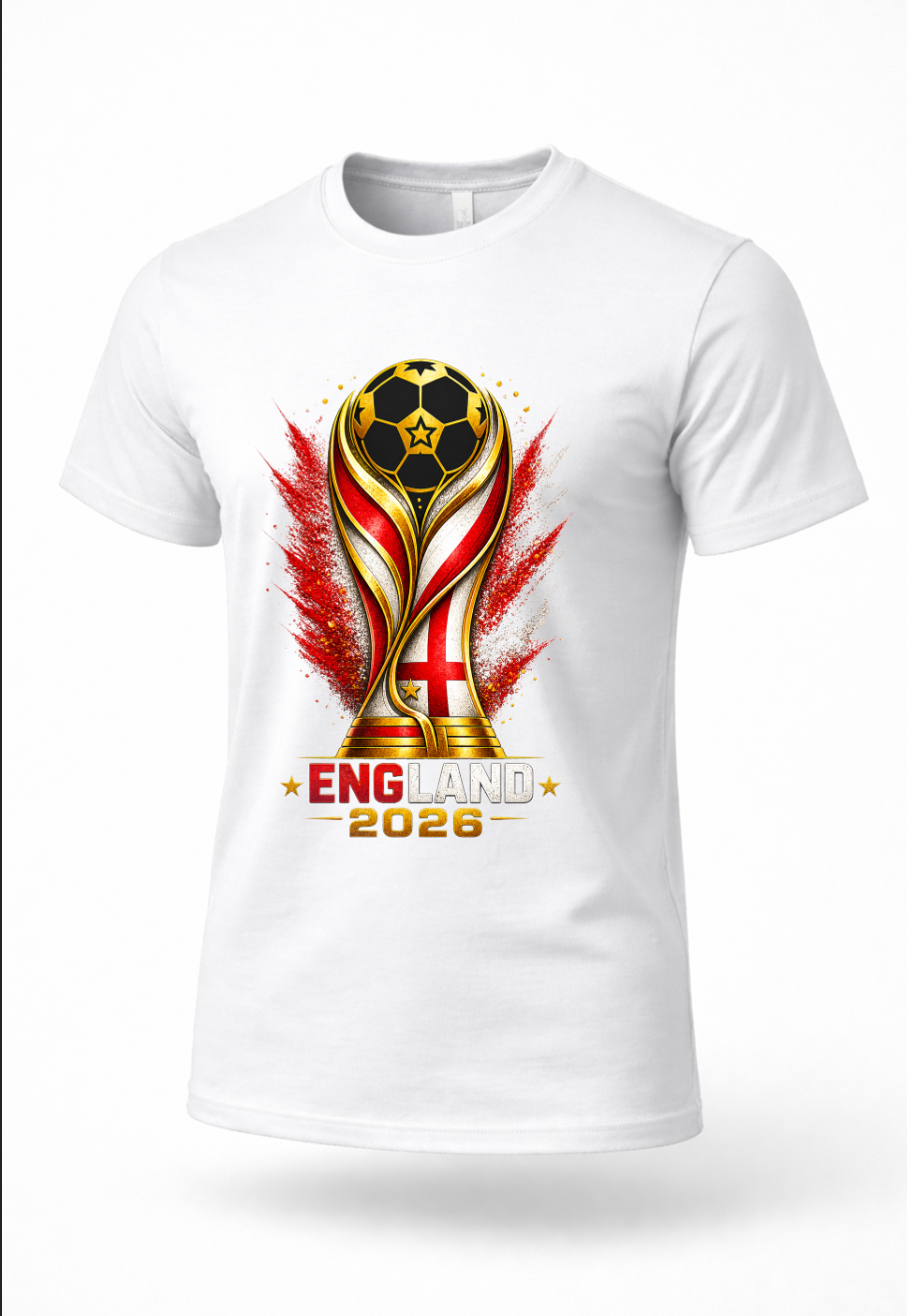 White England 2026 football supporter shirt mockup featuring red and white soccer graphic