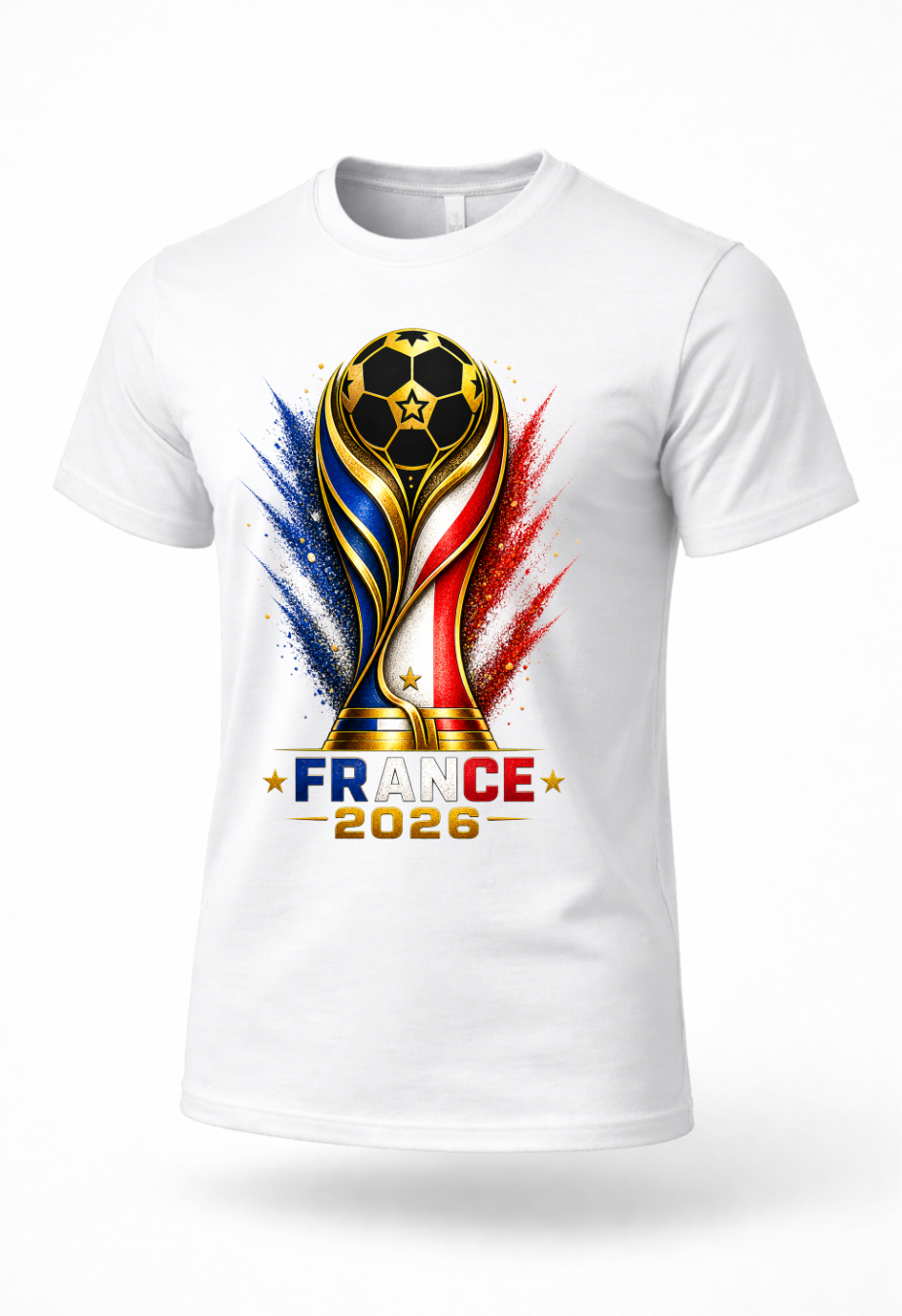 White France 2026 football supporter tee mockup featuring blue white and red soccer graphic