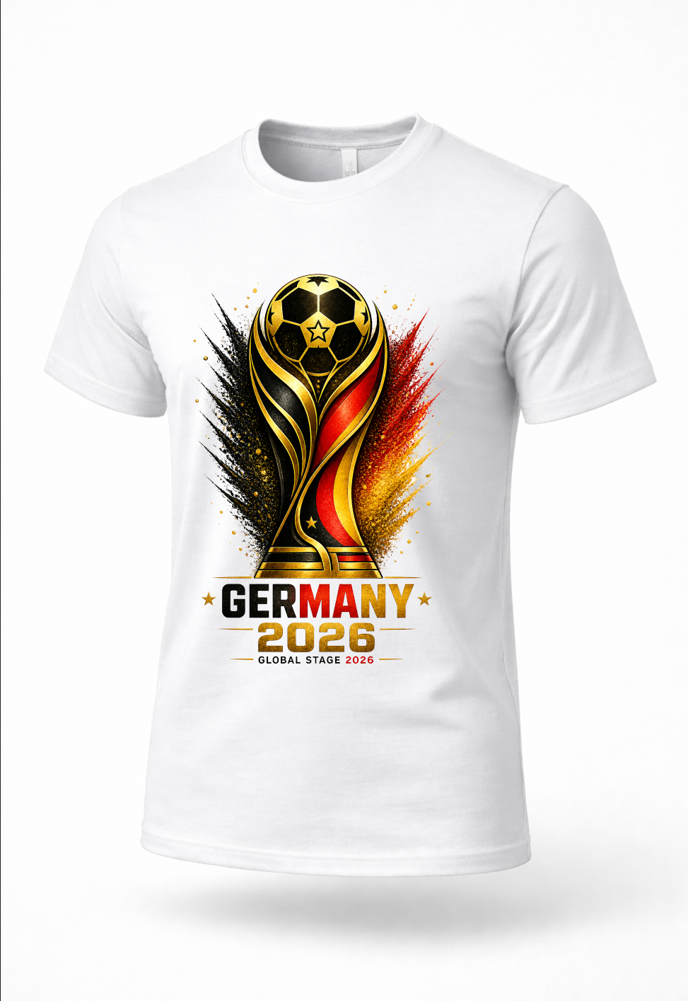 White Germany 2026 football supporter tee mockup featuring black red and gold soccer graphic