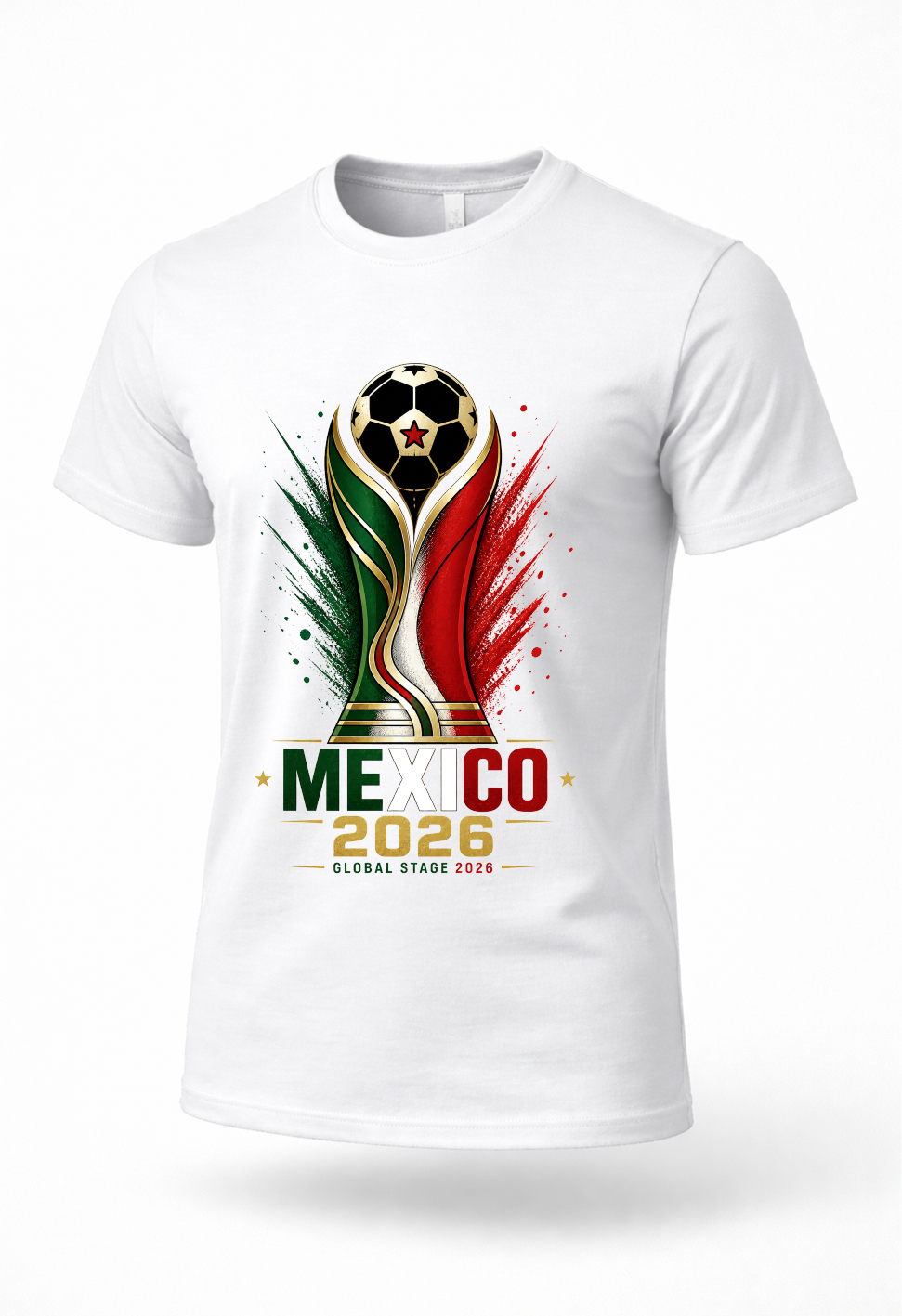 White Mexico 2026 soccer fan shirt with patriotic green white and red football-inspired graphic design on clean streetwear tee