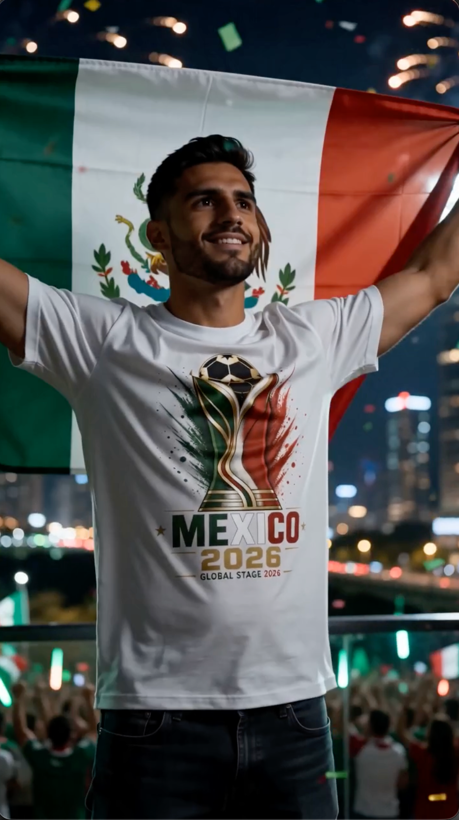 White Mexico 2026 soccer fan shirt featuring patriotic Mexico flag celebration scene and football-inspired graphic design