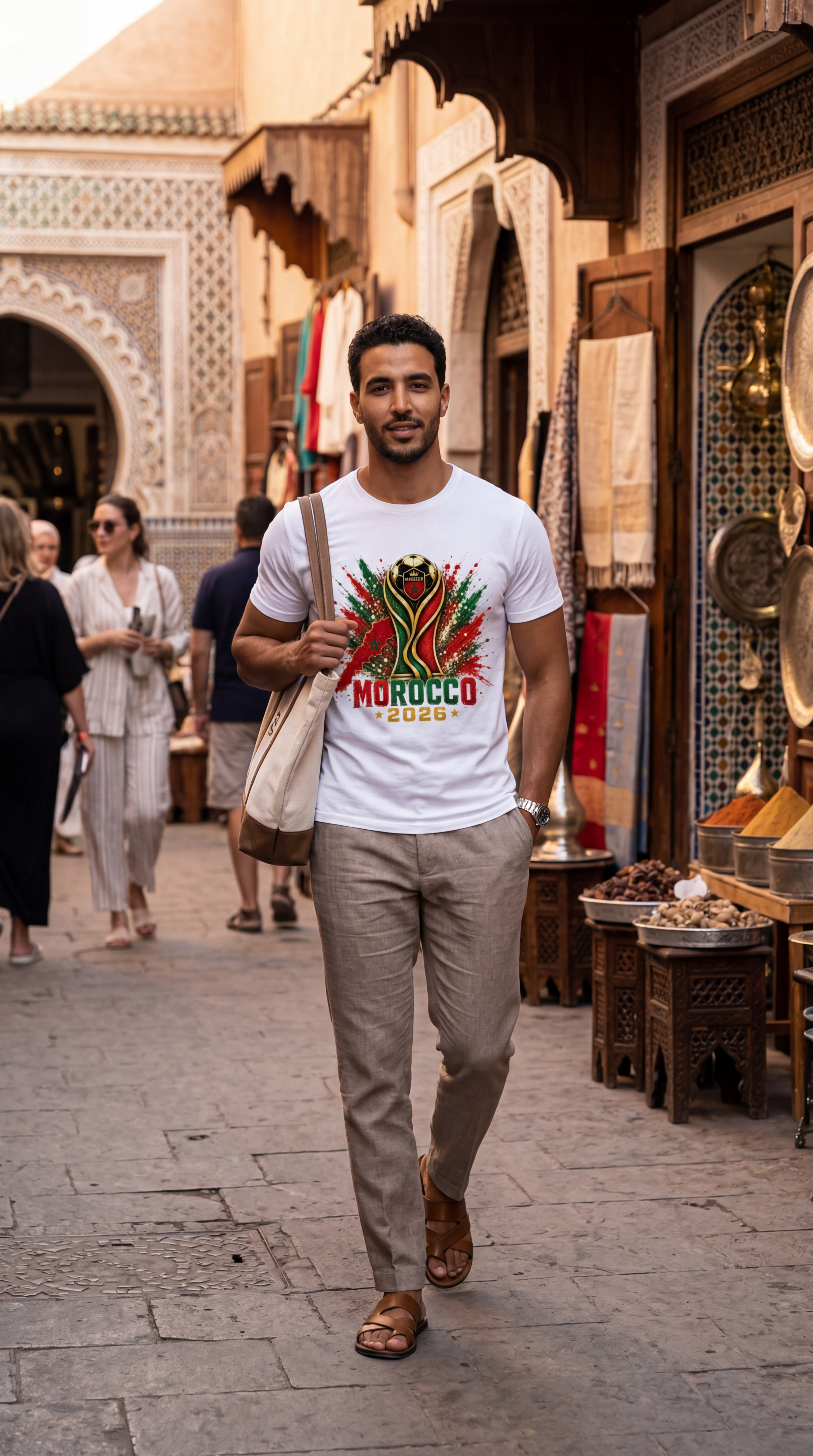 White Morocco 2026 football shirt worn in traditional Moroccan market setting