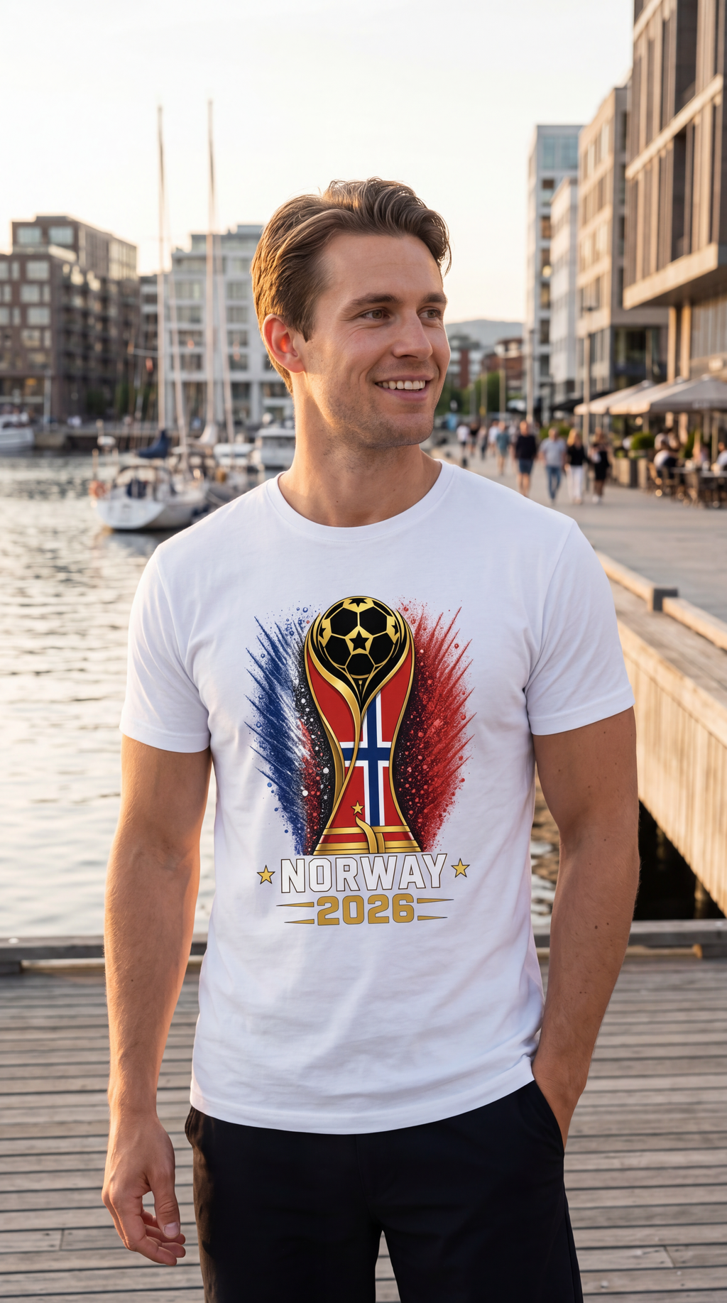 Man wearing a white t-shirt with a trophy design in an outdoor setting.