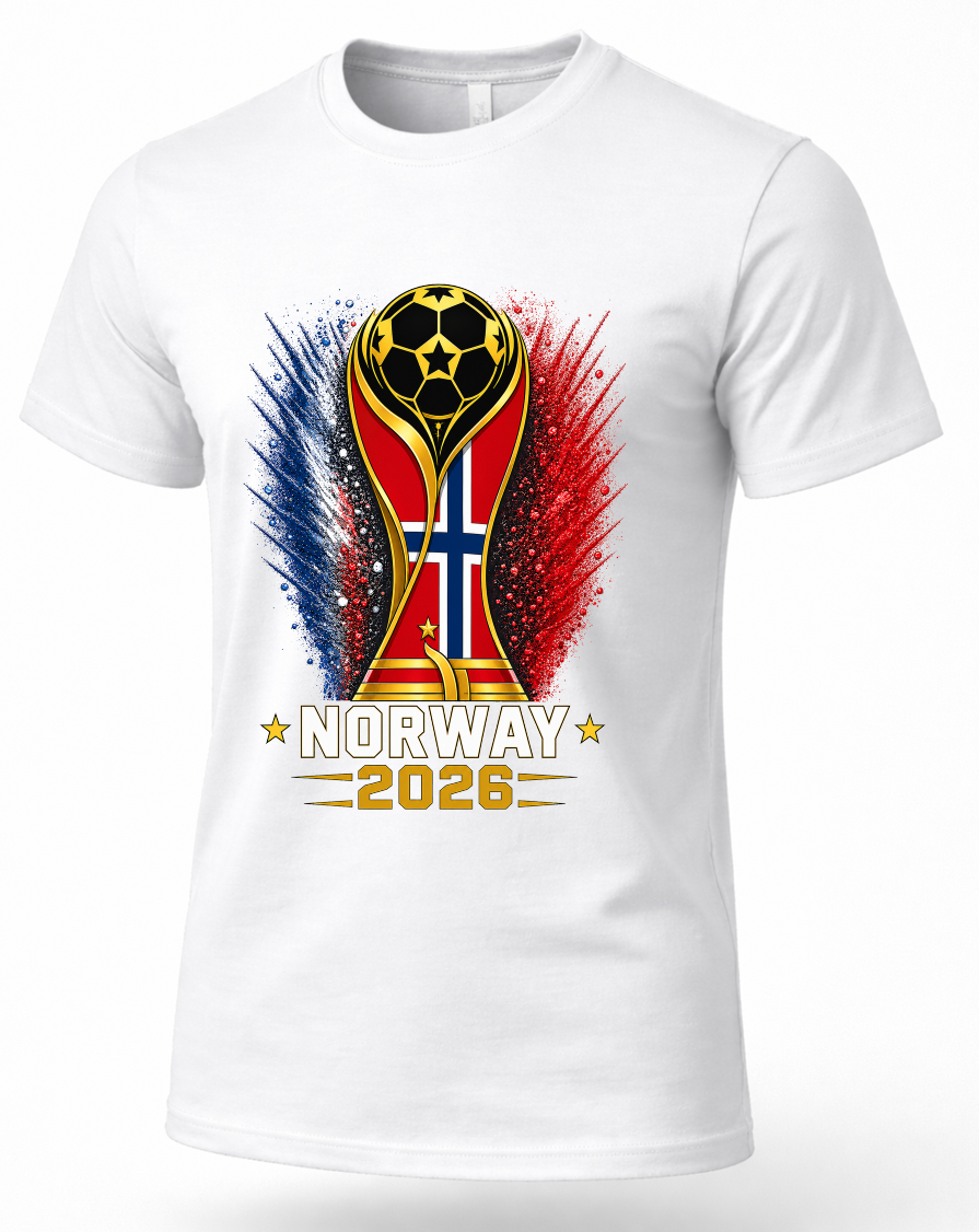 White t-shirt with a graphic design featuring the Norway flag and '2026' text on a white background
