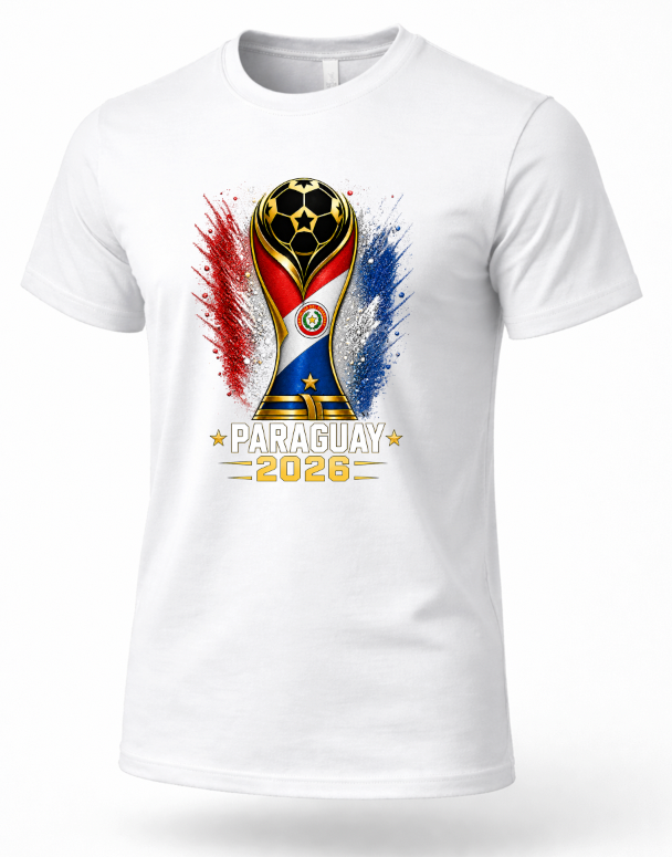 White t-shirt with Paraguay 2026 World Cup design on a white background