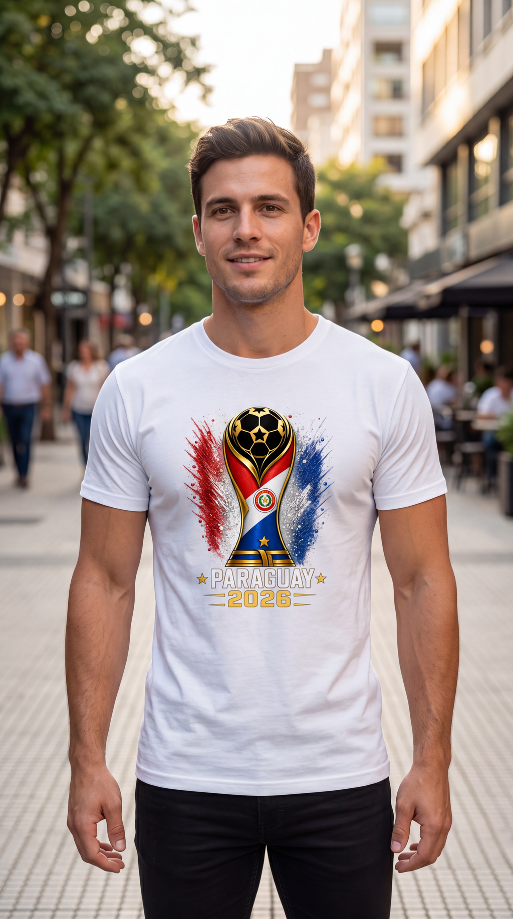 Man wearing a white t-shirt with a colorful World Cup 2022 logo in an urban setting.