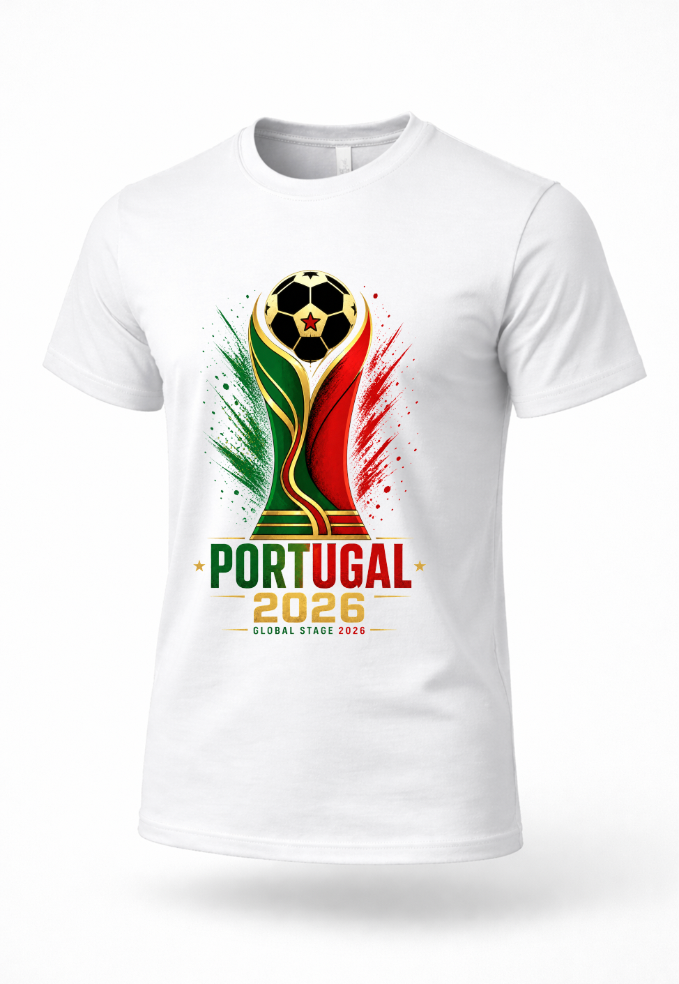 White Portugal 2026 football fan T-shirt mockup featuring Portugal-inspired soccer trophy graphic