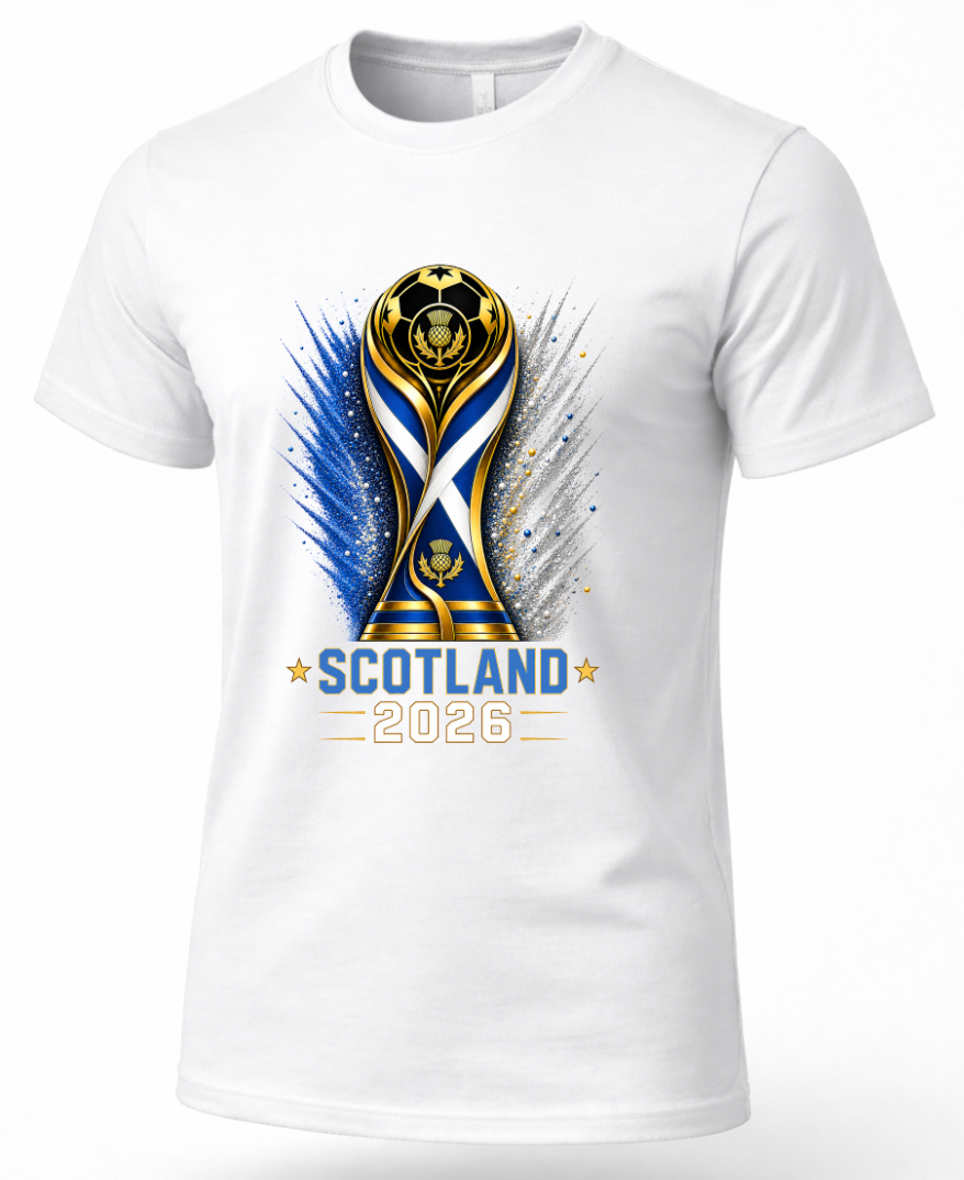 White t-shirt with a design of a trophy and 'Scotland 2026' text on a white background