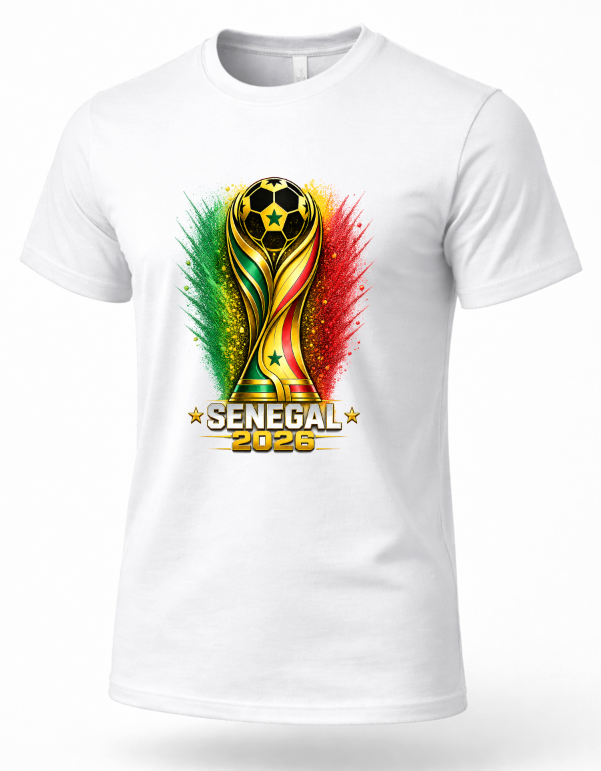 White t-shirt with a soccer trophy design featuring Senegal's flag colors and 'Senegal 2026' text.